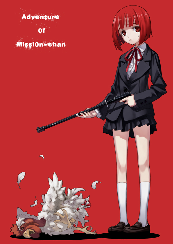 matsuryuu, mission-chan, mission-chan no dai-bouken, 1girl, bird, blazer, chicken, copyright name, feathers, gun, legs, pleated skirt, red background, red eyes, red hair, school uniform, short hair, skirt, socks, sweatdrop, weapon