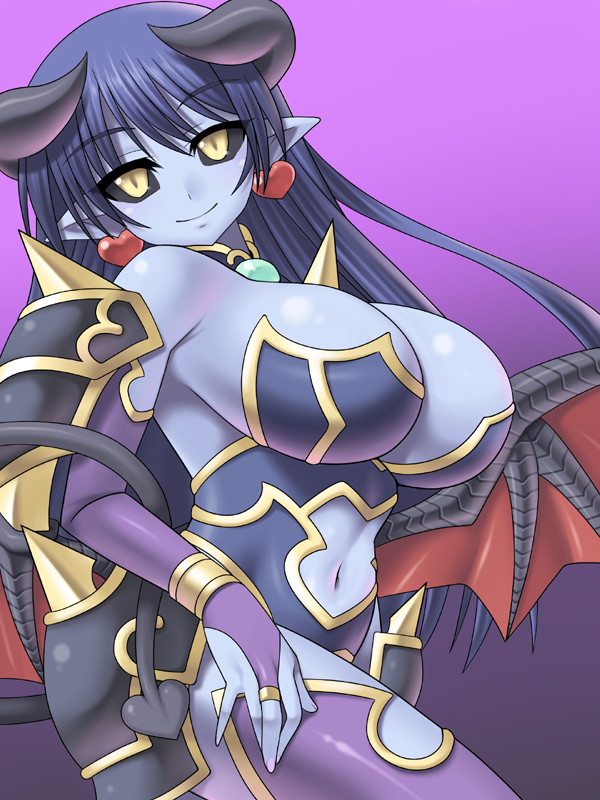 naru (kuma), astaroth (shinrabanshou), shinrabanshou, bad id, bad pixiv id, 1girl, armor, bat wings, black sclera, blue hair, blue skin, breasts, cleavage, colored sclera, colored skin, curvy, demon girl, earrings, elbow gloves, female focus, gloves, heart, heart earrings, horns, huge breasts, jewelry, large breasts, long hair, pointy ears, solo, spikes, tail, thighhighs, wings, yellow eyes