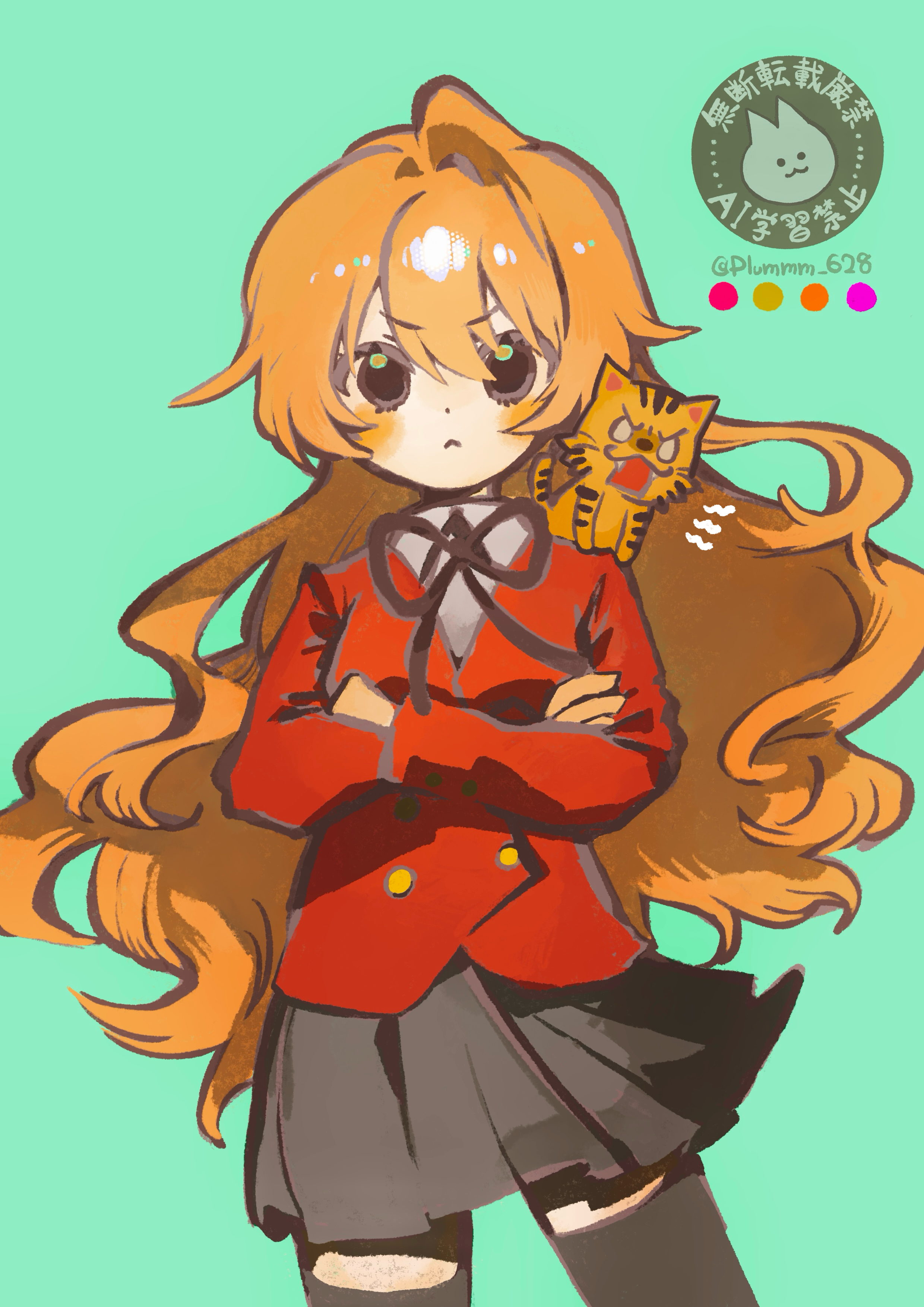 aisaka taiga, toradora!, absurdres, commentary request, highres, 1girl, :<, animal, animal ears, animal on shoulder, aqua bow, artist name, black eyeshadow, bow, brown hair, buttons, collared shirt, color guide, cowboy shot, crossed arms, dot nose, eyeshadow, fanged bangs, grey skirt, hair between eyes, hair flaps, jacket, long hair, makeup, miniskirt, neck ribbon, oohashi high school uniform, plummm 628, red jacket, ribbon, school uniform, shirt, simple background, skirt, straight-on, thighhighs, tiger, tiger ears, watermark, wavy hair, white shirt, wind, zettai ryouiki