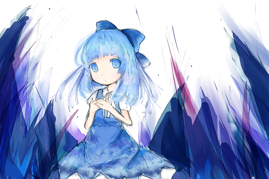 re roar, cirno, embodiment of scarlet devil, touhou, artist request, bad id, bad pixiv id, blue eyes, blue hair, closed mouth, dot mouth, dress, pinafore dress, ribbon, short hair, sleeveless, sleeveless dress, solo