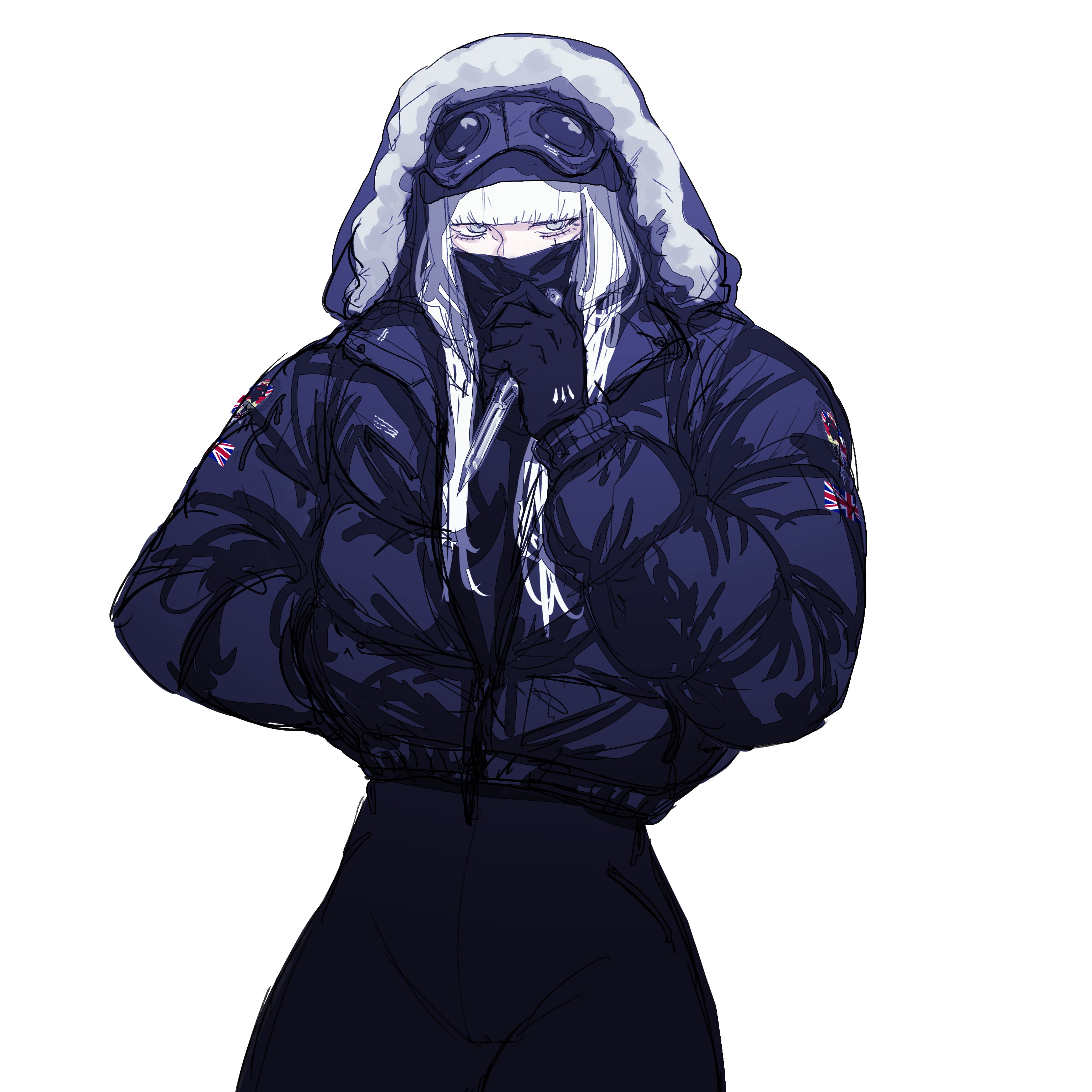 peinlike, original, absurdres, commentary, english commentary, highres, 1girl, black bodysuit, black gloves, blunt bangs, bodysuit, cameltoe, coat, covered mouth, covering own mouth, cowboy shot, cropped jacket, gloves, goggles, goggles on head, hand in pocket, hood, hood up, jacket, long hair, navel, partially unzipped, union jack, white background, white hair, winter clothes, winter coat