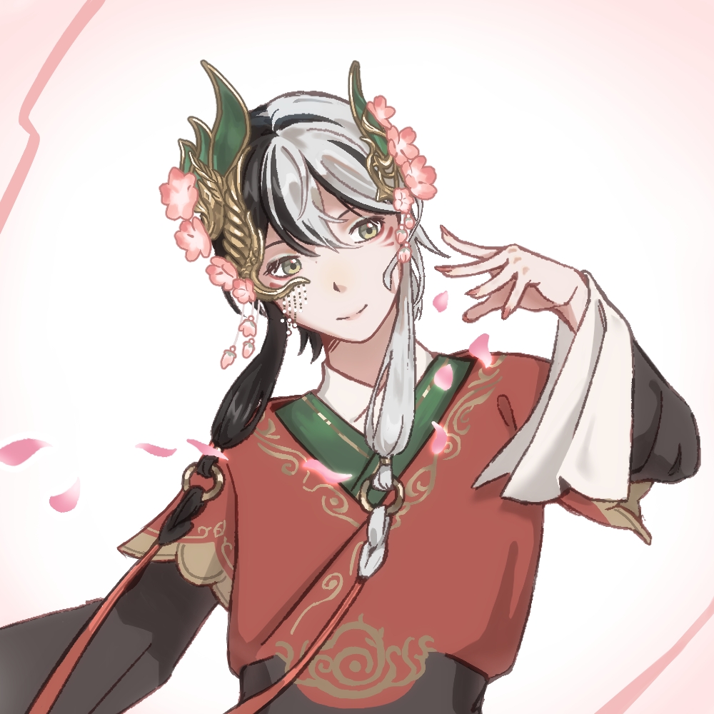 tan youyou (infinity nikki), infinity nikki, nikki (series), commentary, symbol-only commentary, 1boy, black sleeves, braid, chinese clothes, closed mouth, dot nose, flower, hair between eyes, hair extensions, hair flower, hair ornament, hand up, hanfu, happy, layered sleeves, lips, long sidelocks, long sleeves, luoyusha80129, male focus, multicolored hair, nail polish, o-ring, official alternate costume, petals, pink flower, pink nails, red hanfu, short hair with long locks, short over long sleeves, short sleeves, sidelocks, smile, solo, split-color hair, twin braids, two-tone hair, upper body, white background, wide sleeves, yellow eyes