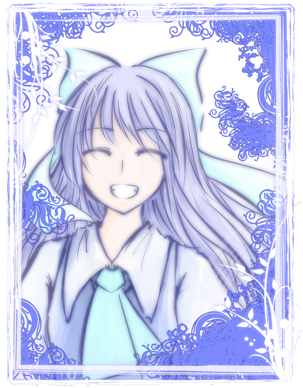 milksea, cirno, embodiment of scarlet devil, touhou, highres, blouse, blue hair, collared shirt, long hair, ribbon, shirt, smile, solo, white shirt