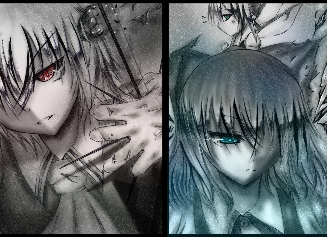 flukelack, cirno, daiyousei, flandre scarlet, rumia, embodiment of scarlet devil, touhou, artist request, blonde hair, blue eyes, green eyes, red eyes, ribbon, slit pupils, wings