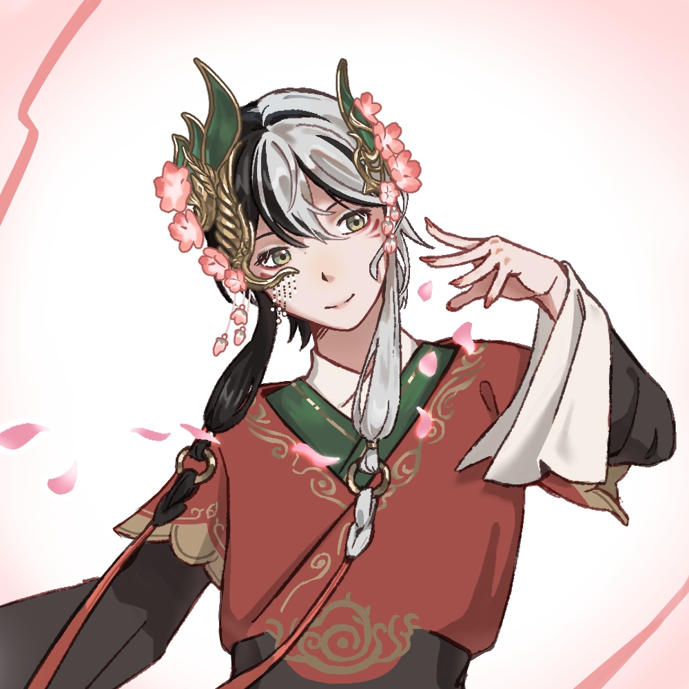 tan youyou (infinity nikki), infinity nikki, nikki (series), commentary, symbol-only commentary, 1boy, black sleeves, braid, chinese clothes, closed mouth, dot nose, flower, hair between eyes, hair extensions, hair flower, hair ornament, hand up, hanfu, happy, layered sleeves, lips, long sidelocks, long sleeves, luoyusha80129, male focus, multicolored hair, nail polish, o-ring, official alternate costume, petals, pink flower, pink nails, red hanfu, short hair with long locks, short over long sleeves, short sleeves, sidelocks, smile, solo, split-color hair, twin braids, two-tone hair, upper body, white background, wide sleeves, yellow eyes