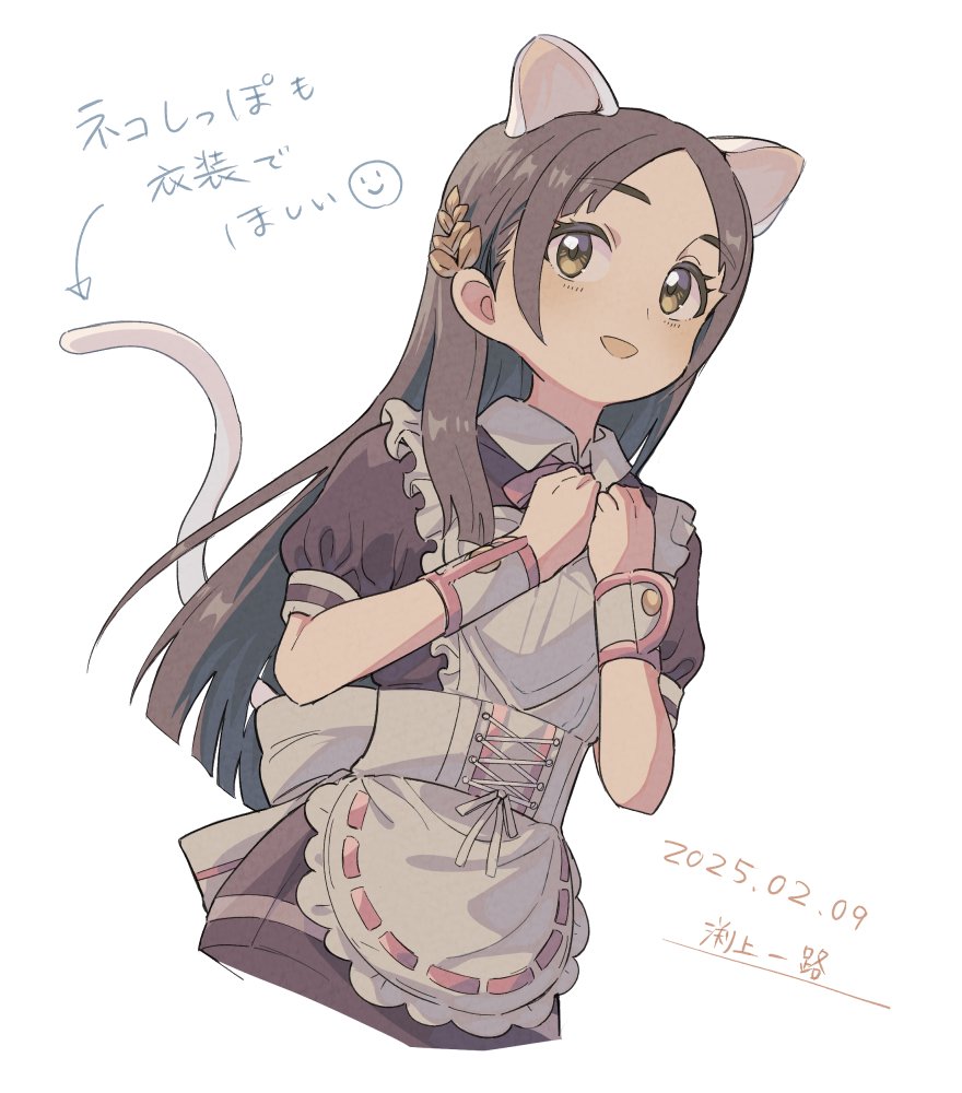 ichiromi, kuramoto china, gakuen idolmaster, idolmaster, commentary request, translation request, 1girl, animal ears, apron, black dress, brown eyes, brown hair, cat ears, cat girl, cat tail, collared shirt, cropped torso, dated, dress, forehead, kemonomimi mode, long hair, maid apron, open mouth, parted hair, red ribbon, ribbon, shirt, short sleeves, sidelocks, solo, tail