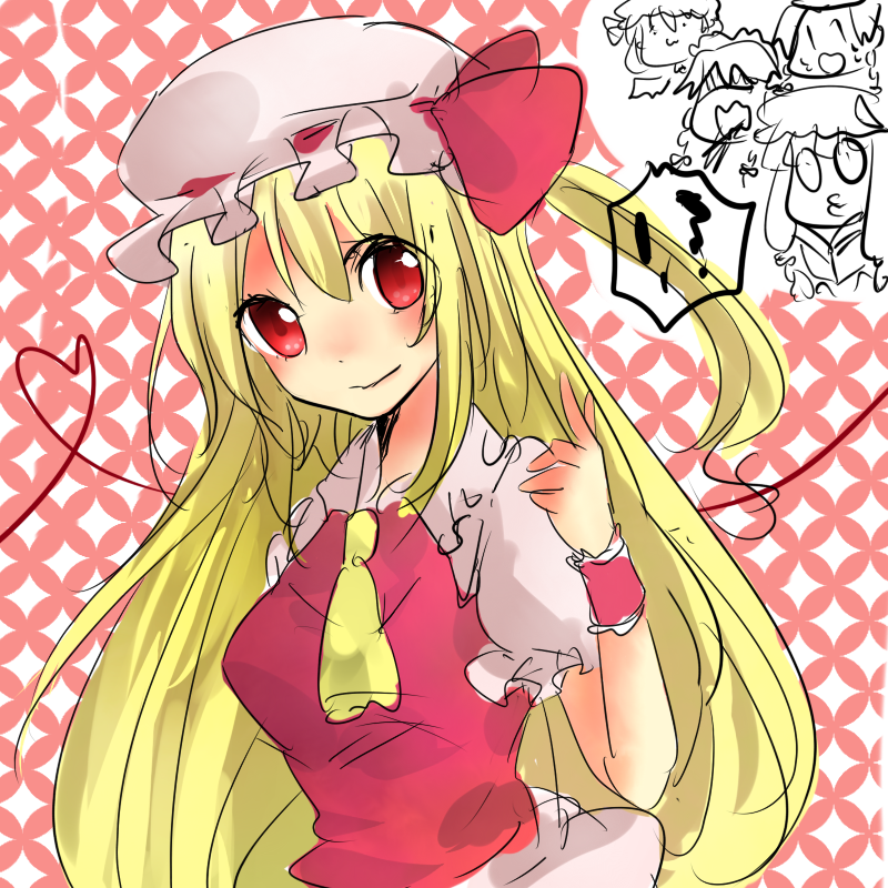 mashima chiyo, flandre scarlet, hong meiling, izayoi sakuya, patchouli knowledge, remilia scarlet, touhou, bad id, bad pixiv id, !?, 5girls, :3, aged up, alternate hair length, alternate hairstyle, bat wings, blonde hair, female focus, long hair, multiple girls, no wings, o3o, red eyes, shaded face, short hair, wings, wrist cuffs