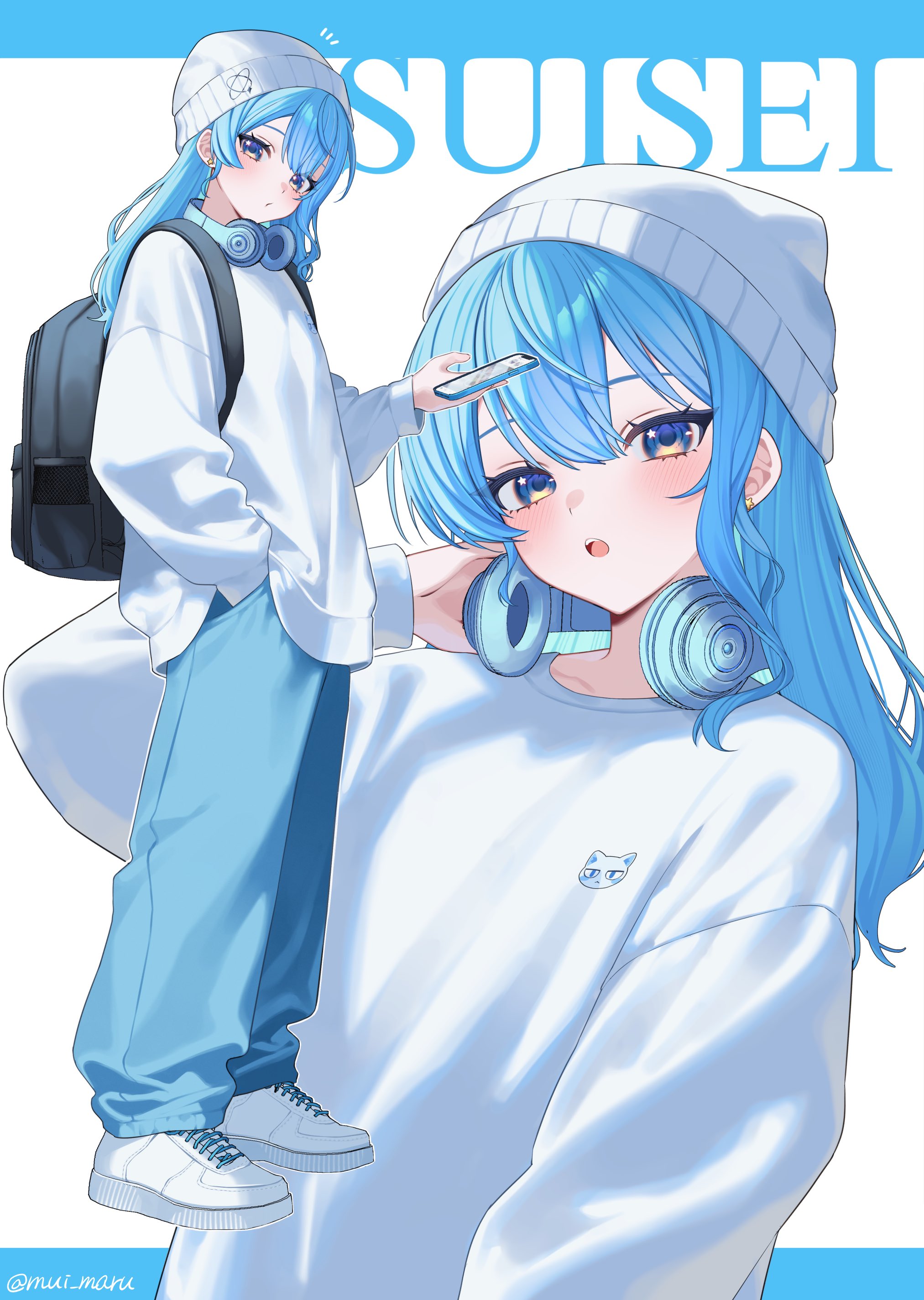 mui maru, hoshimachi suisei, hololive, absurdres, commentary, highres, symbol-only commentary, 1girl, alternate costume, asymmetrical sidelocks, backpack, bag, beanie, blue eyes, blue hair, blue pants, cellphone, character name, double-parted bangs, full body, hair between eyes, hand in pocket, hat, headphones, headphones around neck, holding, holding phone, long hair, long sleeves, looking at viewer, open mouth, pants, phone, shoes, sidelocks, smartphone, sneakers, solo, star (symbol), star in eye, sweater, symbol in eye, virtual youtuber, white hat, white shoes, white sweater