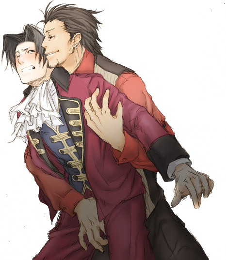 diego armando, godot (ace attorney), miles edgeworth, ace attorney, capcom, phoenix wright: ace attorney – trials and tribulations, 2boys, blush, crotch grab, groping, male focus, multiple boys, one eye closed, wince, wink, yaoi