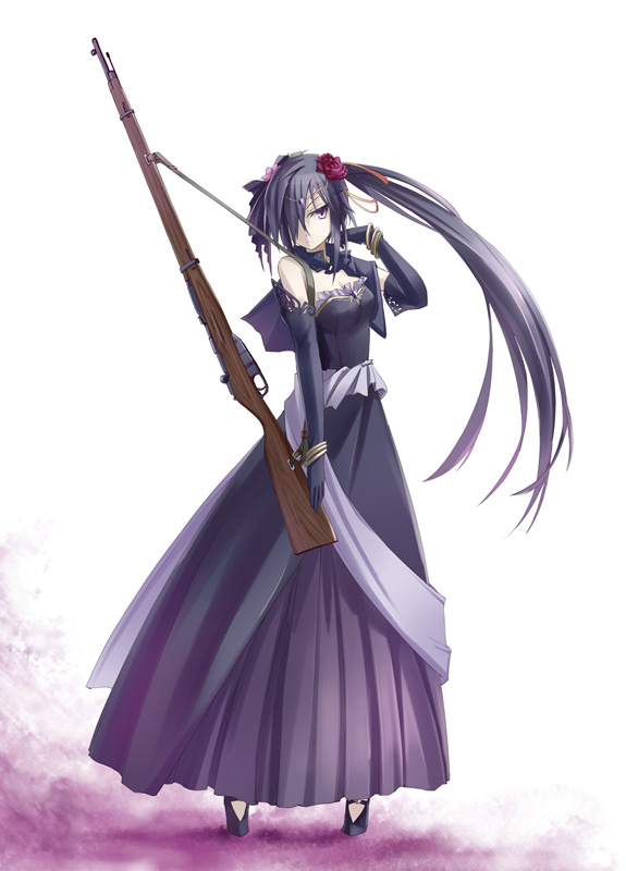 tomo (machinemess), original, bad id, bad pixiv id, 1girl, bangle, bolt action, bracelet, dress, elbow gloves, female focus, flower, gloves, gradient clothes, gradient dress, gun, gun sling, hair flower, hair ornament, hair over one eye, jewelry, long hair, mosin-nagant, ponytail, purple dress, rifle, solo, very long hair, weapon