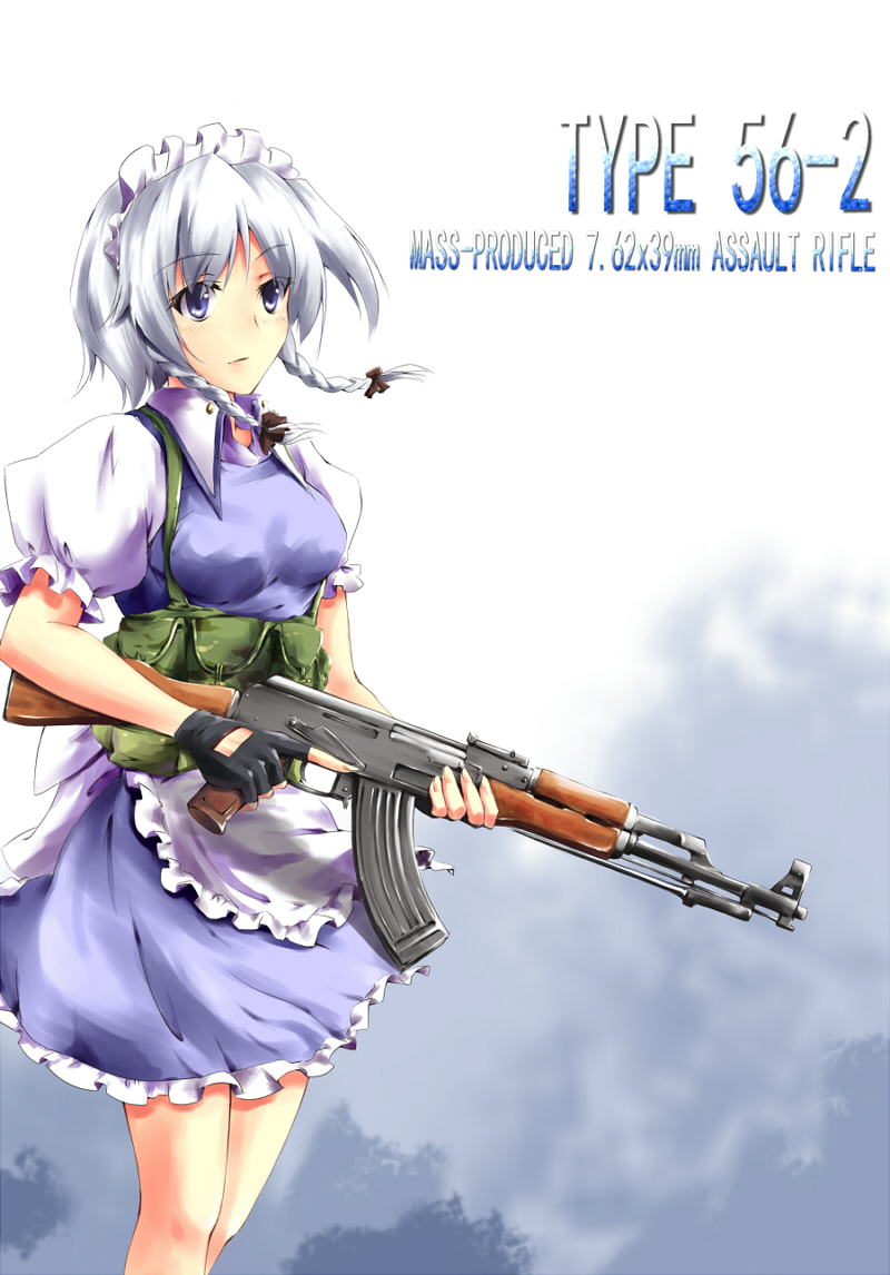 fangdan runiu, izayoi sakuya, touhou, silver hair, bad id, bad pixiv id, 1girl, ak-47, ammunition pouch, assault rifle, bayonet, belt, blue eyes, braid, female focus, fingerless gloves, gloves, gun, hair ribbon, kalashnikov rifle, maid, maid headdress, pouch, ribbon, rifle, short hair, solo, trigger discipline, twin braids, type 56, utility belt, weapon