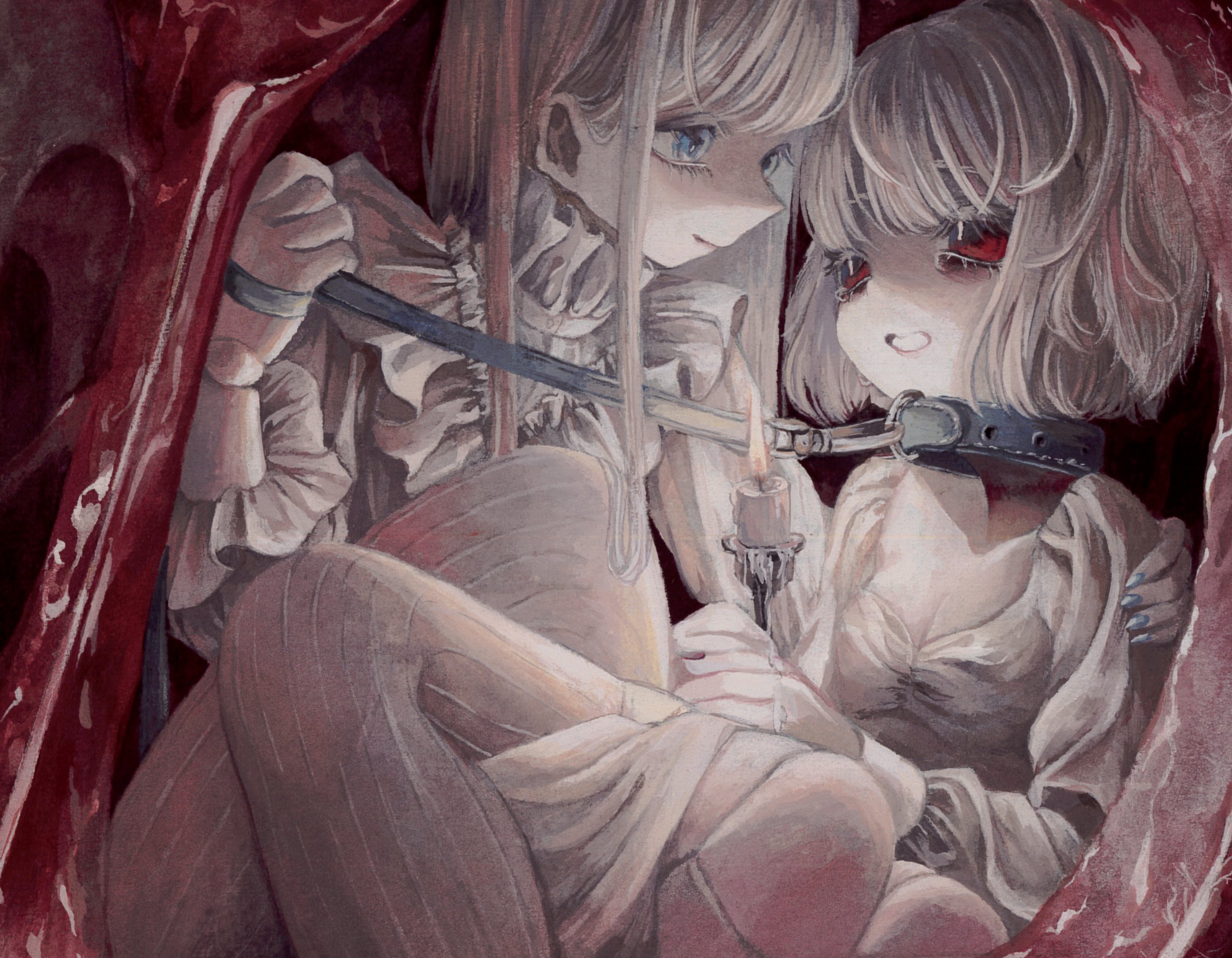 monou pico, original, commentary request, highres, 2girls, animal collar, animal ears, blue eyes, breasts, candle, cleavage, collar, colored eyelashes, dog ears, dog girl, doll joints, frills, holding, holding leash, joints, leash, long hair, looking at another, multiple girls, red eyes, short hair, smile, tears, thighhighs, white hair, white thighhighs, yuri