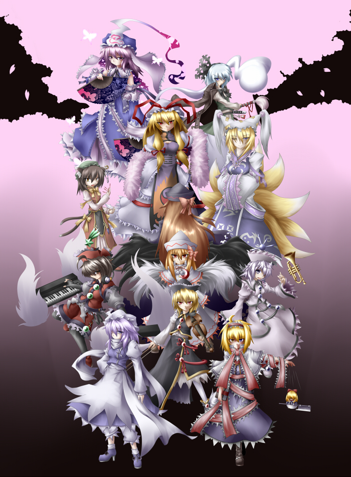 naginami, alice margatroid, chen, konpaku youmu, konpaku youmu (ghost), letty whiterock, lily black, lily white, lunasa prismriver, lyrica prismriver, merlin prismriver, saigyouji yuyuko, yakumo ran, yakumo yukari, perfect cherry blossom, touhou, 6+girls, blonde hair, brown hair, dual persona, everyone, female focus, hairband, hat, multiple girls, short hair