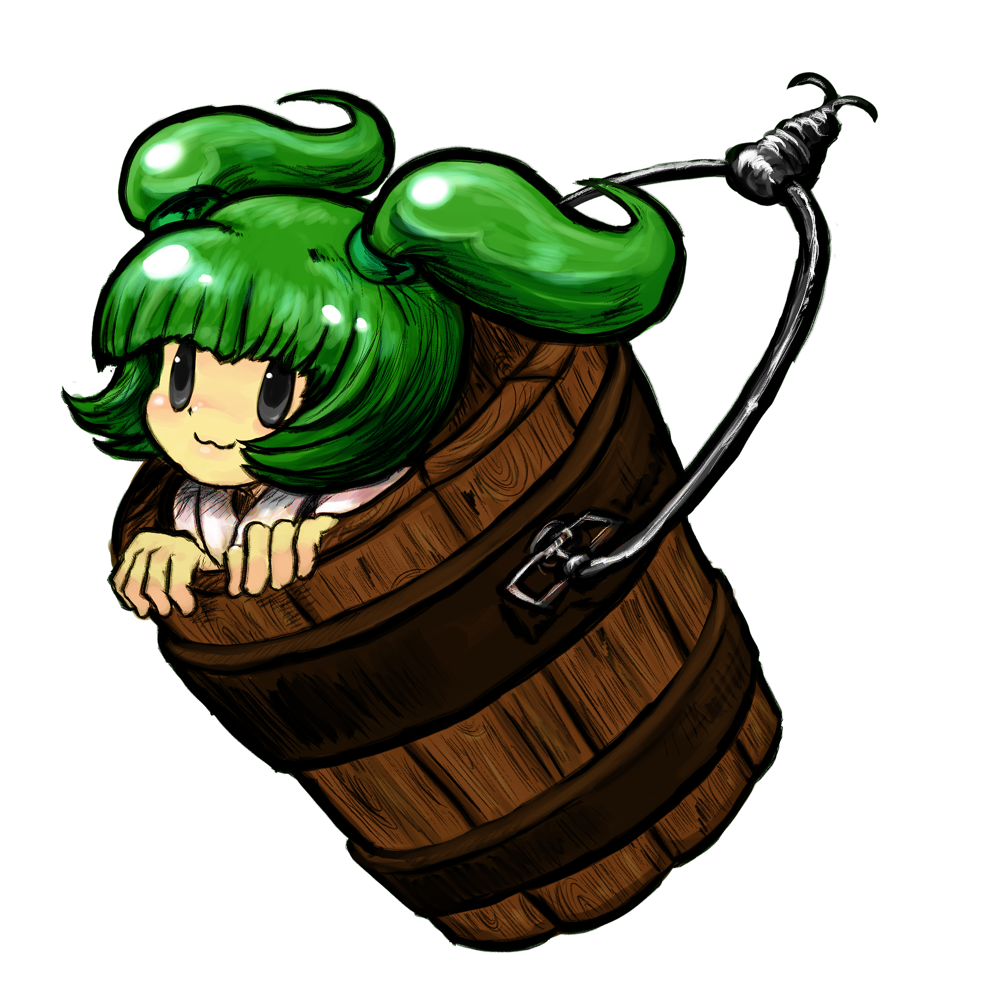 kitayuki kajika, kisume, touhou, highres, 1girl, :3, bucket, female focus, full body, green hair, in bucket, in container, japanese clothes, kimono, short hair, solo, transparent background, twintails, | |