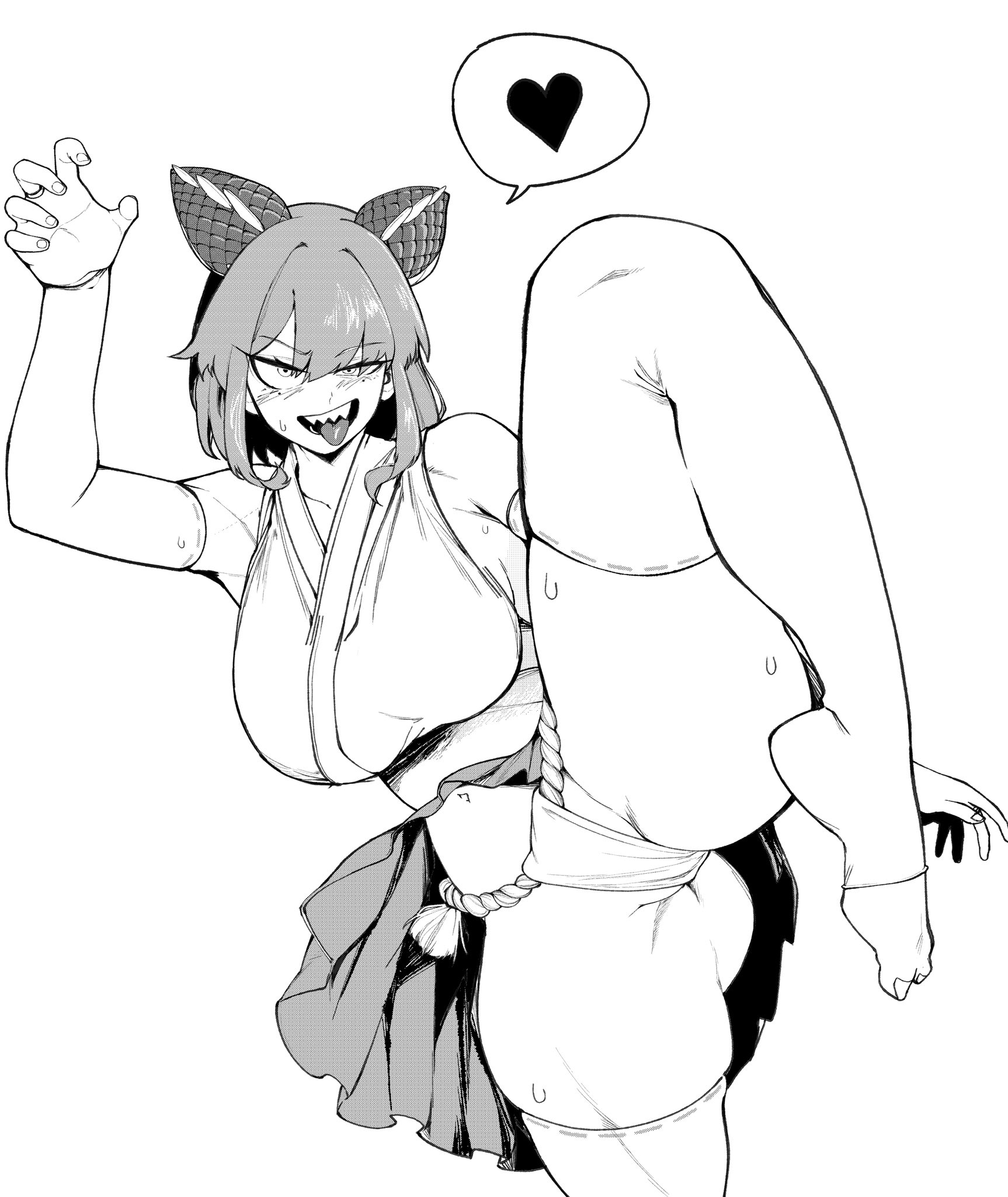 original, commentary, highres, symbol-only commentary, 1girl, :p, animal ears, arm up, bare shoulders, blush, breasts, crop top, feet, fundoshi, gluteal fold, greyscale, hair between eyes, heart, japanese clothes, jewelry, large breasts, leg up, looking at viewer, lvup1234, medium hair, mole, mole under each eye, mole under eye, monochrome, multiple moles, no shoes, open mouth, pleated skirt, ribbon-trimmed thighhighs, ribbon trim, ring, scales, sharp teeth, simple background, skirt, solo, spoken heart, standing, standing on one leg, sweat, teeth, thighhighs, toeless legwear, toes, tongue, tongue out
