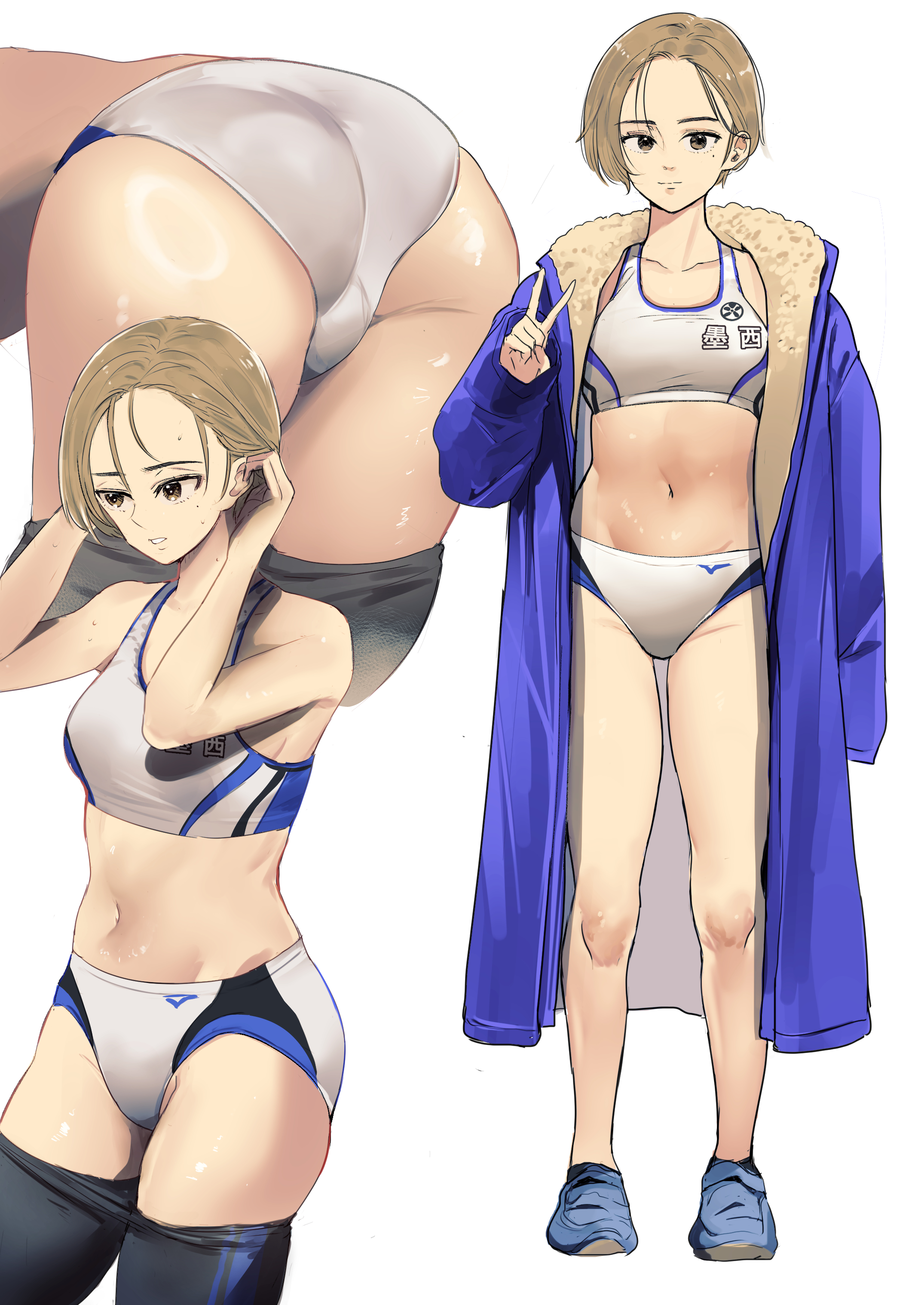 cafe au lait (kafeore), original, absurdres, commentary request, highres, 1girl, ass, ass focus, black leggings, blonde hair, breasts, full body, hair behind ear, leggings, leggings pull, looking at viewer, midriff, multiple views, navel, panties, purple robe, robe, shoes, short hair, simple background, small breasts, sneakers, sports bikini, sports bra, sports panties, sportswear, standing, stomach, track and field, tucking hair, underwear, v, white background, white panties, white sports bra, yellow eyes