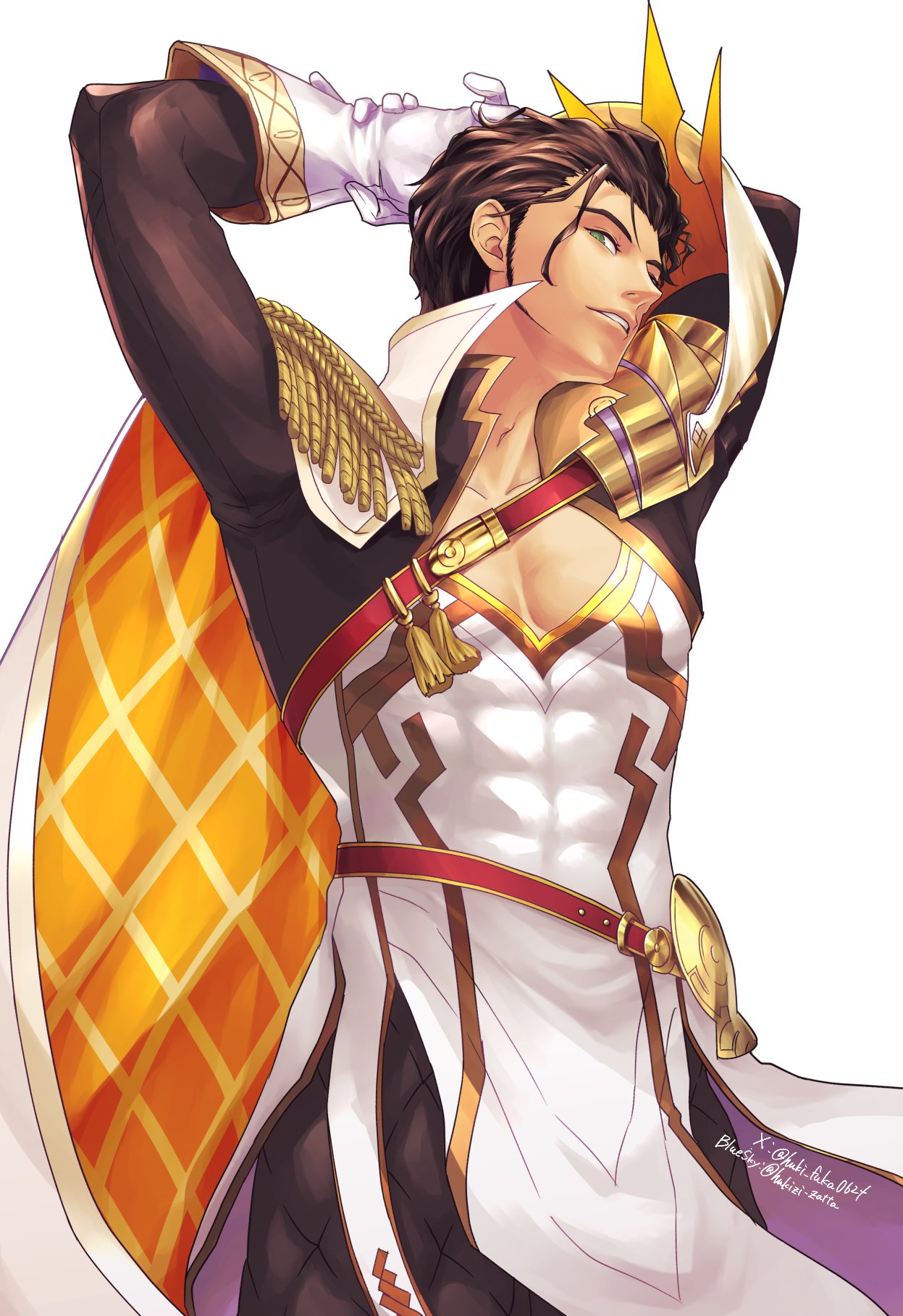 claude von riegan, claude von riegan (almyra's king) (resplendent), claude von riegan (timeskip), fire emblem, fire emblem: three houses, nintendo, commentary request, highres, 1boy, arms up, black tunic, brown hair, cape, dark-skinned male, dark skin, green eyes, huki fuka0624, jewelry, looking at viewer, male focus, official alternate costume, pectoral cleavage, pectorals, solo, tunic, white tunic, yellow cape