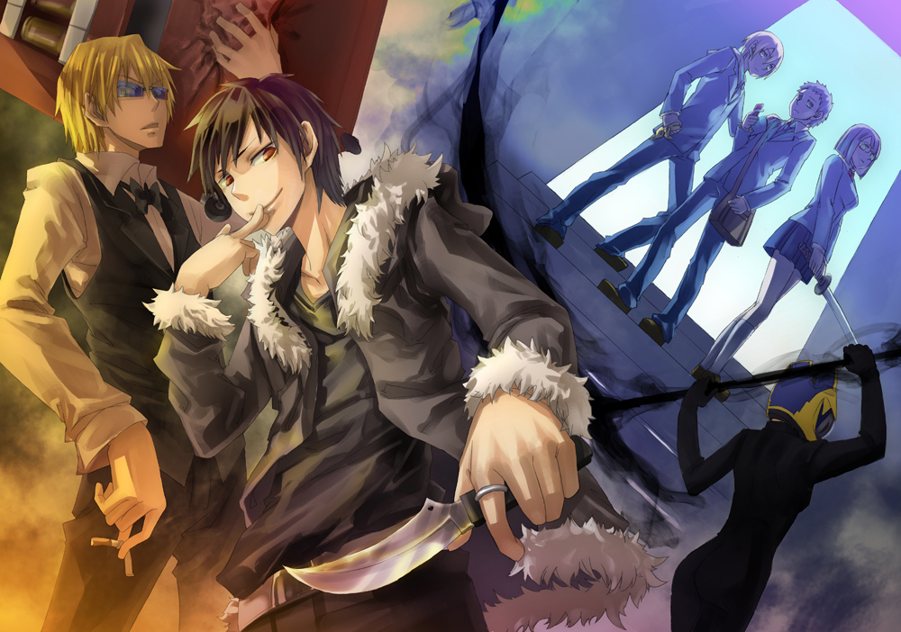 kkbkckdk, celty sturluson, heiwajima shizuo, kida masaomi, orihara izaya, ryuugamine mikado, sonohara anri, durarara!!, 2girls, bag, black hair, blonde hair, bodysuit, breasts, cellphone, cigarette, coat, glasses, helmet, knife, motorcycle helmet, multiple girls, phone, pleated skirt, red eyes, school uniform, scythe, short hair, skin tight, skirt, sunglasses, sword, tuxedo, vending machine, weapon