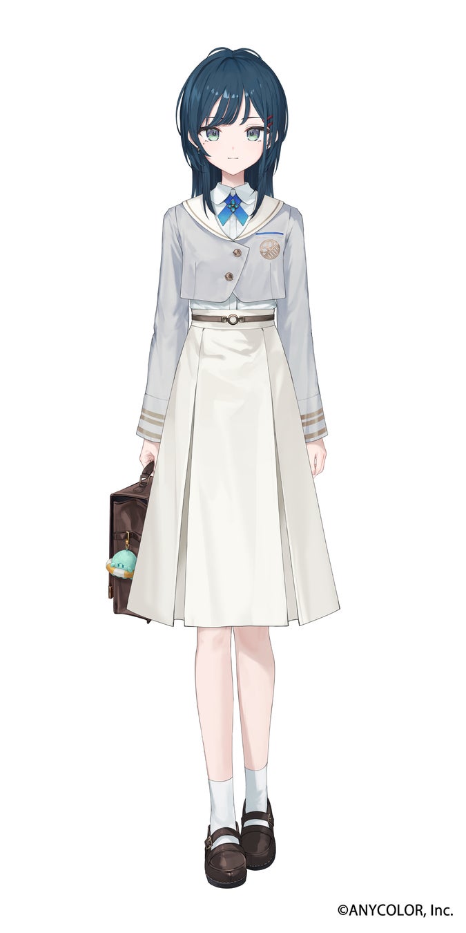 makihitsuji, nijisanji, highres, official art, third-party source, 1girl, :|, bag, bag charm, blue hair, brown bag, brown shoes, charm (object), closed mouth, collared shirt, company name, copyright notice, cropped jacket, expressionless, full body, green eyes, grey jacket, holding, holding bag, jacket, long skirt, looking at viewer, shirasa ayane, shirt, shoes, simple background, skirt, socks, solo, standing, straight-on, tachi-e, virtual youtuber, white background, white shirt, white skirt, white socks