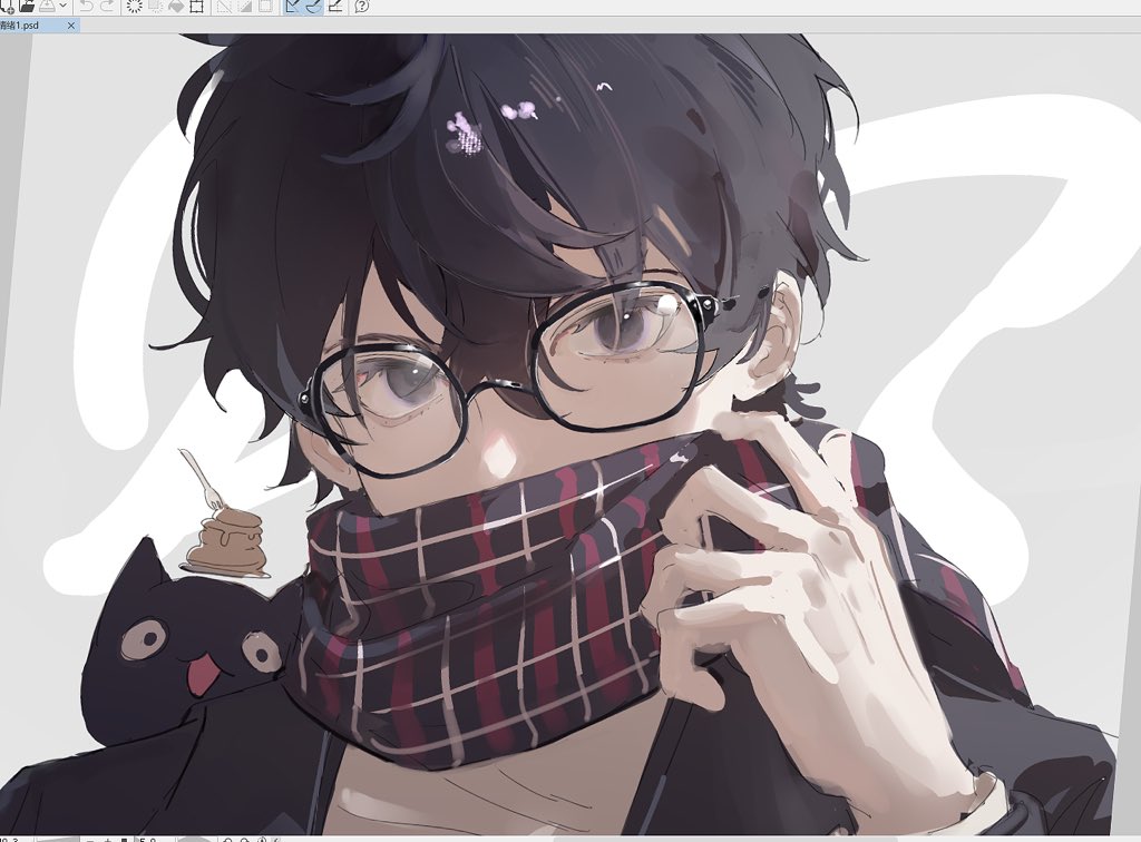 tuxedo cat, amamiya ren, morgana (persona 5), persona, persona 5, commentary, symbol-only commentary, 1boy, 30tfi, art program in frame, black-framed eyewear, black cat, black hair, cat, glasses, looking at viewer, male focus, round eyewear, scarf, short hair, solo