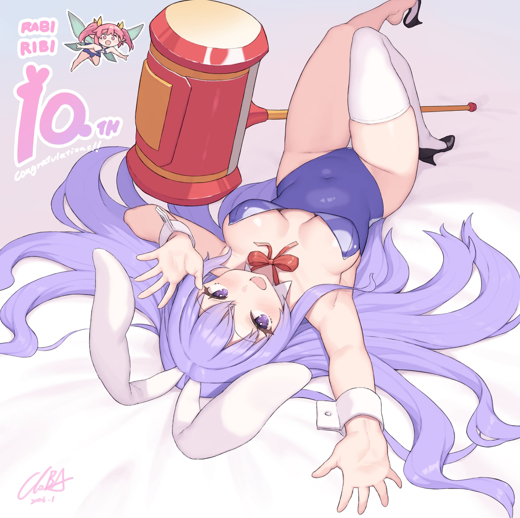cloba, erina (rabi-ribi), ribbon (rabi-ribi), rabi-ribi, highres, 2girls, :d, animal ears, anniversary, black shoes, bow, bowtie, breasts, breasts apart, covered navel, dated, detached collar, hammer, high heels, highleg, highleg leotard, leotard, long hair, lying, medium breasts, multiple girls, on back, open mouth, playboy bunny, purple eyes, purple hair, purple leotard, rabbit ears, red bow, red bowtie, shoes, signature, single thighhigh, smile, solo focus, strapless, strapless leotard, thighhighs, toy hammer, white thighhighs, wrist cuffs