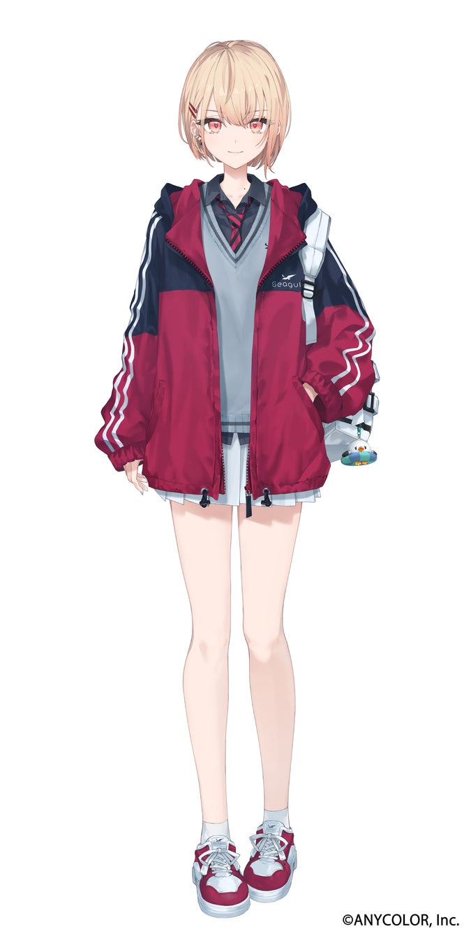 makihitsuji, nijisanji, highres, official art, third-party source, 1girl, bag charm, bare legs, black jacket, black necktie, black shirt, blonde hair, charm (object), closed mouth, collared shirt, company name, copyright notice, full body, grey sweater vest, hair ornament, hairclip, hand in pocket, jacket, legs, looking at viewer, minamo madoka, miniskirt, necktie, orange eyes, pleated skirt, red jacket, red necktie, red shoes, shirt, shoelaces, shoes, simple background, skirt, sleeves past wrists, smile, socks, solo, straight-on, striped clothes, striped necktie, sweater vest, virtual youtuber, white background, white bag, white shoes, white skirt, white socks