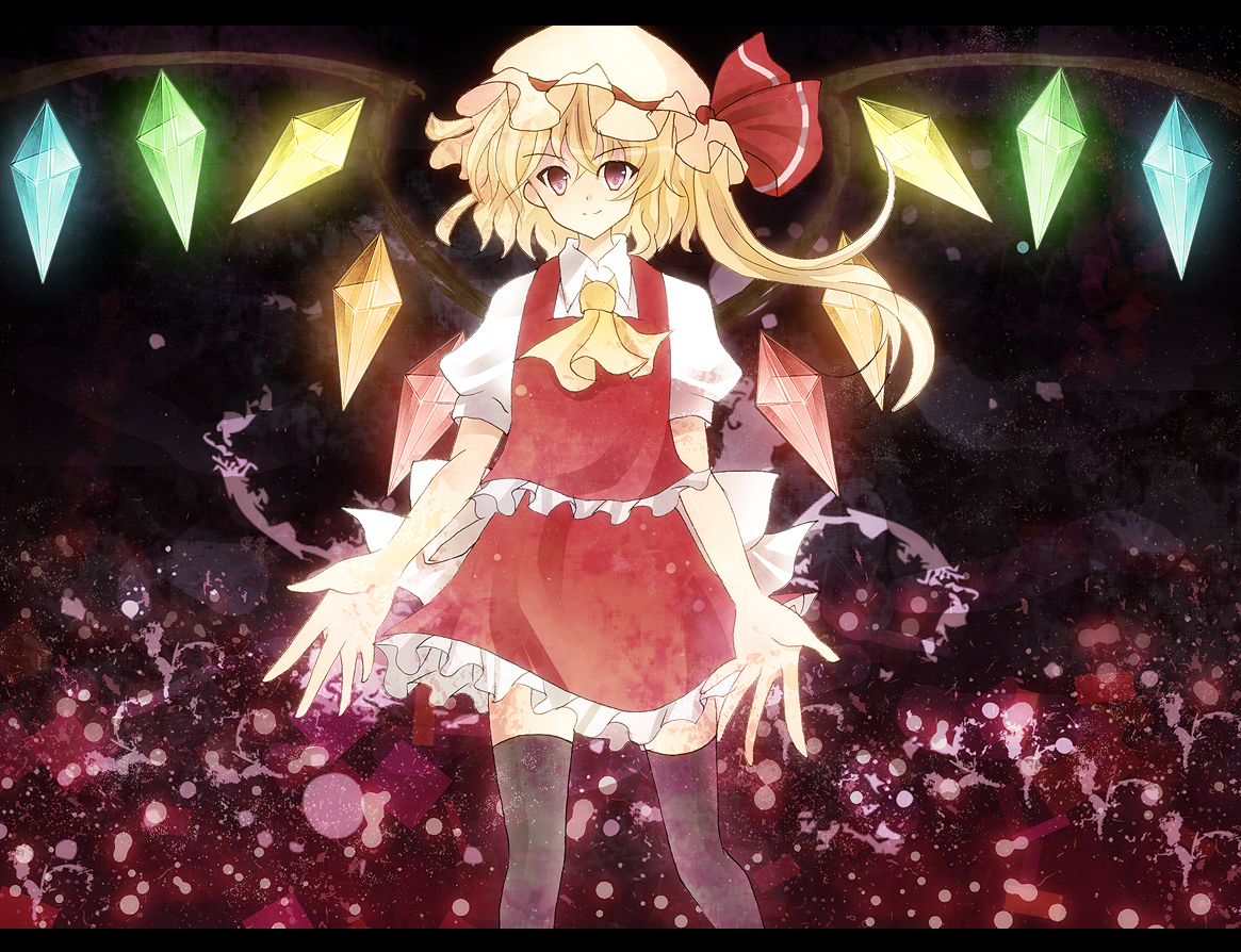 kuran (mkmrl), flandre scarlet, embodiment of scarlet devil, touhou, bad id, bad pixiv id, 1girl, bad anatomy, bad hands, blonde hair, bow, dress, female focus, hat, red eyes, ribbon, side ponytail, solo, wings