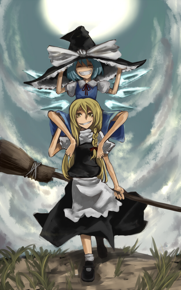 yuma (cobhc666), cirno, kirisame marisa, embodiment of scarlet devil, touhou, bad id, bad pixiv id, 2girls, barefoot, blonde hair, blue hair, braid, carrying, grin, hat, multiple girls, piggyback, single braid, smile, socks, wings, witch hat