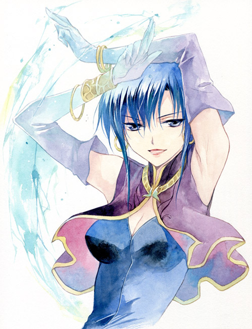 agahari, ursula (fire emblem), fire emblem, fire emblem: the blazing blade, nintendo, 1girl, bracelet, breasts, cleavage, elbow gloves, female focus, gloves, jewelry, magic, purple eyes, purple hair, short hair, solo, vest, water