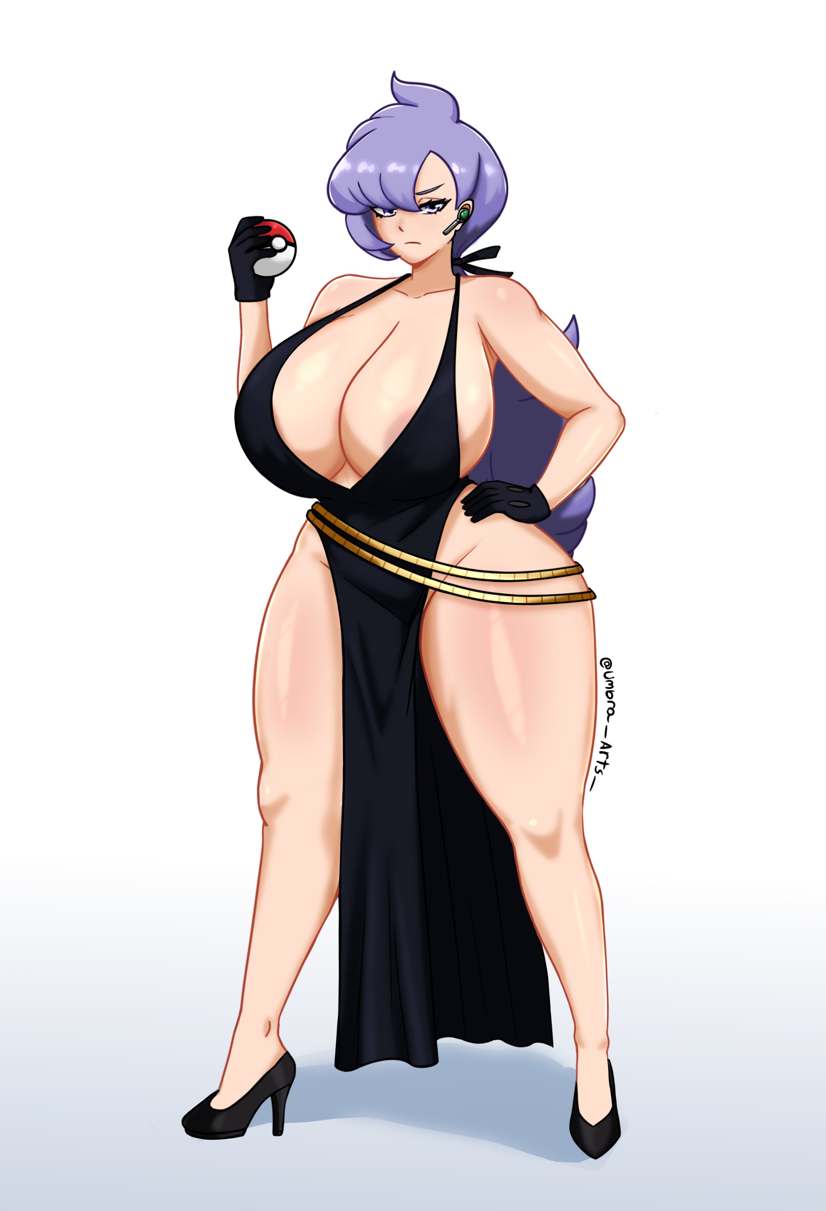 umbra arts, anabel (pokemon), nintendo, pokemon, absurdres, highres, 1girl, areola slip, bare shoulders, breasts, cleavage, curvy, dress, earpiece, female focus, full body, gloves, hand on own hip, high heels, huge breasts, long hair, looking at viewer, matching hair/eyes, poke ball, purple eyes, purple hair, solo, thick thighs, thighs, wide hips