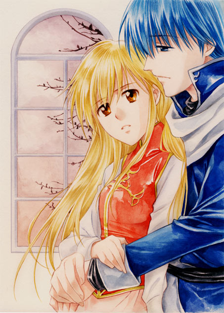 agahari, finn (fire emblem), lachesis (fire emblem), fire emblem, fire emblem: genealogy of the holy war, nintendo, 1boy, 1girl, blonde hair, brown eyes, couple, hetero, hug, long hair, white wrist cuffs, wrist cuffs