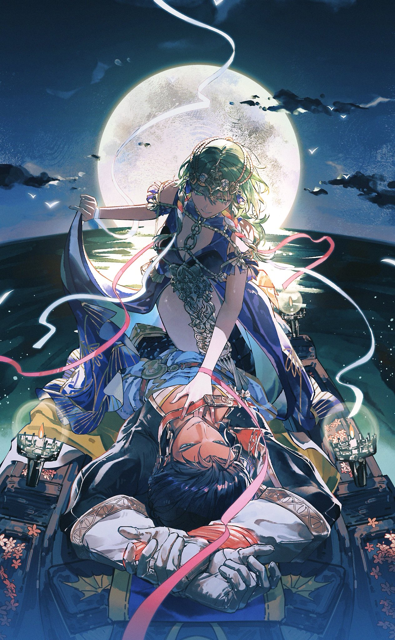 zhihaiwusheng, claude von riegan, claude von riegan (almyra's king) (resplendent), claude von riegan (timeskip), female byleth (awakened) (fire emblem), female byleth (fire emblem), female byleth (sothis regalia) (fire emblem), fire emblem, fire emblem: three houses, nintendo, highres, 1boy, 1girl, bdsm, black tunic, blue dress, bondage, bound, breasts, brown hair, cleavage, cloud, cloudy sky, dark-skinned male, dark skin, dress, full moon, girl on top, green hair, hand on another's chest, hetero, moon, ocean, official alternate costume, official alternate hairstyle, pectoral cleavage, pectorals, sky, tunic