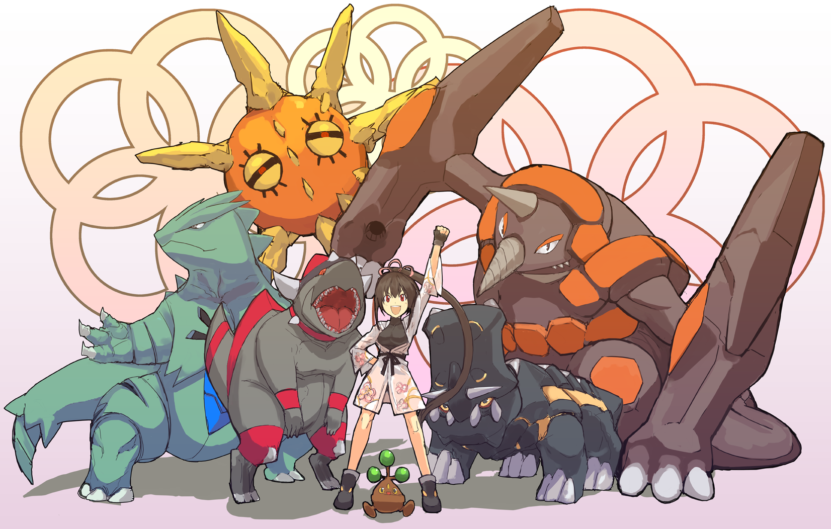 kusanagi kaoru, bastiodon, bonsly, rampardos, rhyperior, solrock, tyranitar, nintendo, pixiv trainer, pokemon, highres, 1girl, alternate color, clenched hand, gen 2 pokemon, gen 3 pokemon, gen 4 pokemon, hand on own hip, hip focus, long hair, my team, pokemon (creature), ponytail, raised fist, shiny pokemon, simple background