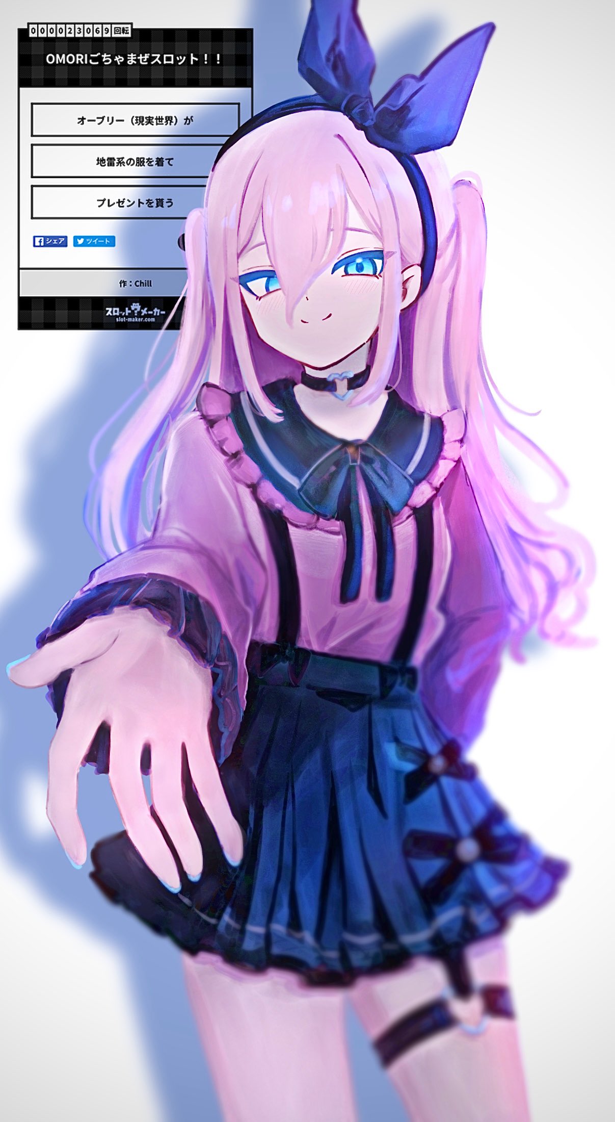 yu kuli, aubrey (faraway) (omori), aubrey (omori), omori, commentary request, highres, translation request, 1girl, alternate costume, alternate hairstyle, arm behind back, black bow, black bowtie, black choker, black hairband, black sailor collar, black skirt, blue eyes, blue nails, blurry, bow, bow hairband, bowtie, breasts, choker, closed mouth, contrapposto, copyright name, cowboy shot, depth of field, double-parted bangs, drop shadow, film grain, foreshortening, frilled sailor collar, frilled skirt, frilled sleeves, frills, hair between eyes, hairband, heart, heart choker, high-waist skirt, jirai kei, miniskirt, nail polish, pink hair, pink shirt, pleated skirt, reaching, reaching towards viewer, sailor collar, shirt, sidelocks, simple background, skirt, skirt bow, small breasts, smile, solo, standing, suspender skirt, suspenders, thigh strap, tsurime, two side up, vignetting, wavy hair, white background