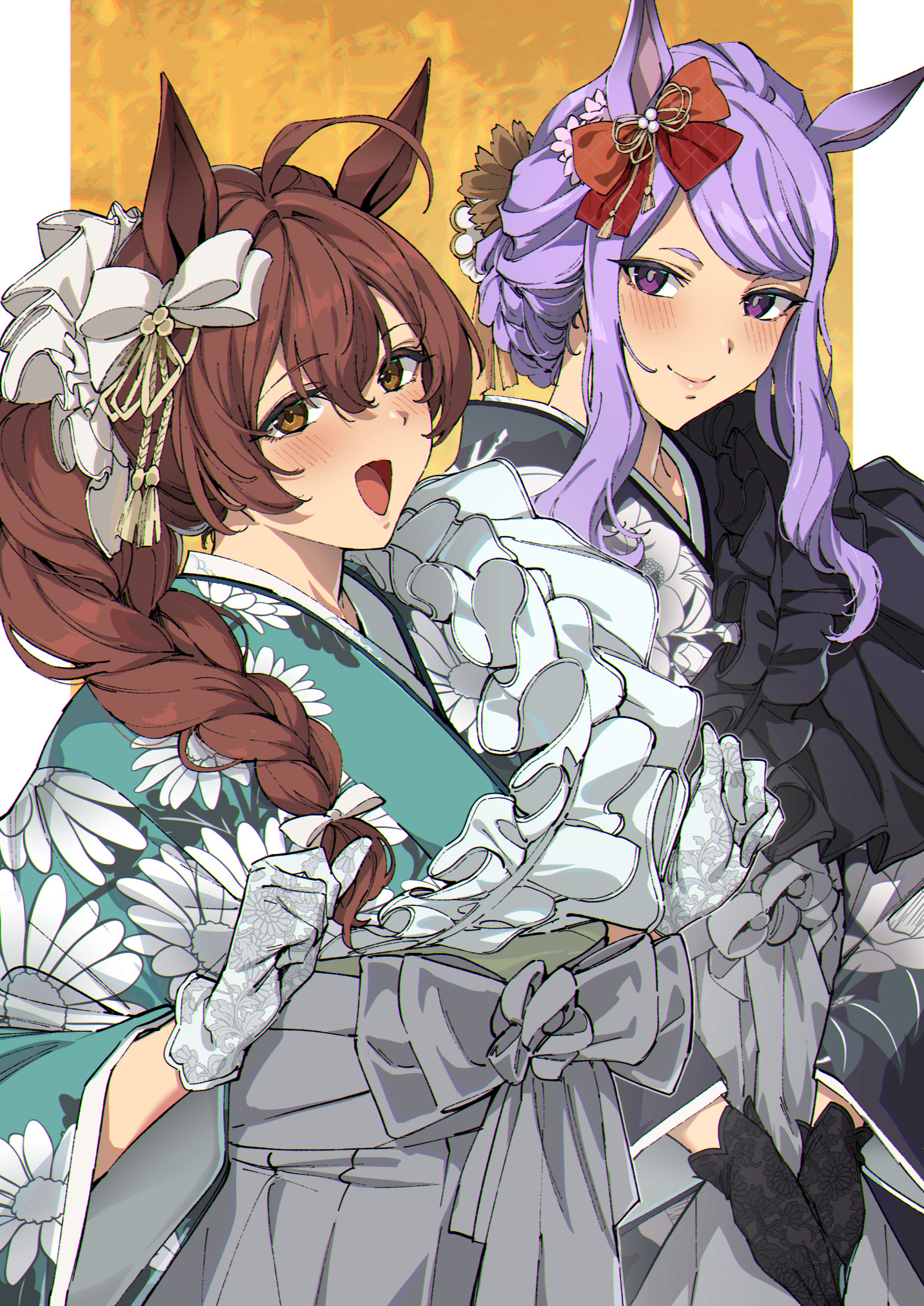 sugarbeat, mejiro bright (umamusume), mejiro mcqueen (umamusume), umamusume, commentary, highres, symbol-only commentary, 2girls, :d, ahoge, animal ears, aqua kimono, black gloves, black kimono, blush, bow, braid, braided ponytail, brown eyes, brown hair, closed mouth, cowboy shot, ear bow, floral print, floral print kimono, flower, gloves, grey bow, grey hakama, hair between eyes, hair bow, hair flower, hair ornament, hakama, horse ears, horse girl, japanese clothes, kimono, long hair, long sleeves, looking at viewer, multiple girls, open mouth, print kimono, purple eyes, purple flower, purple hair, red bow, smile, white bow, white gloves, wide sleeves, yellow background