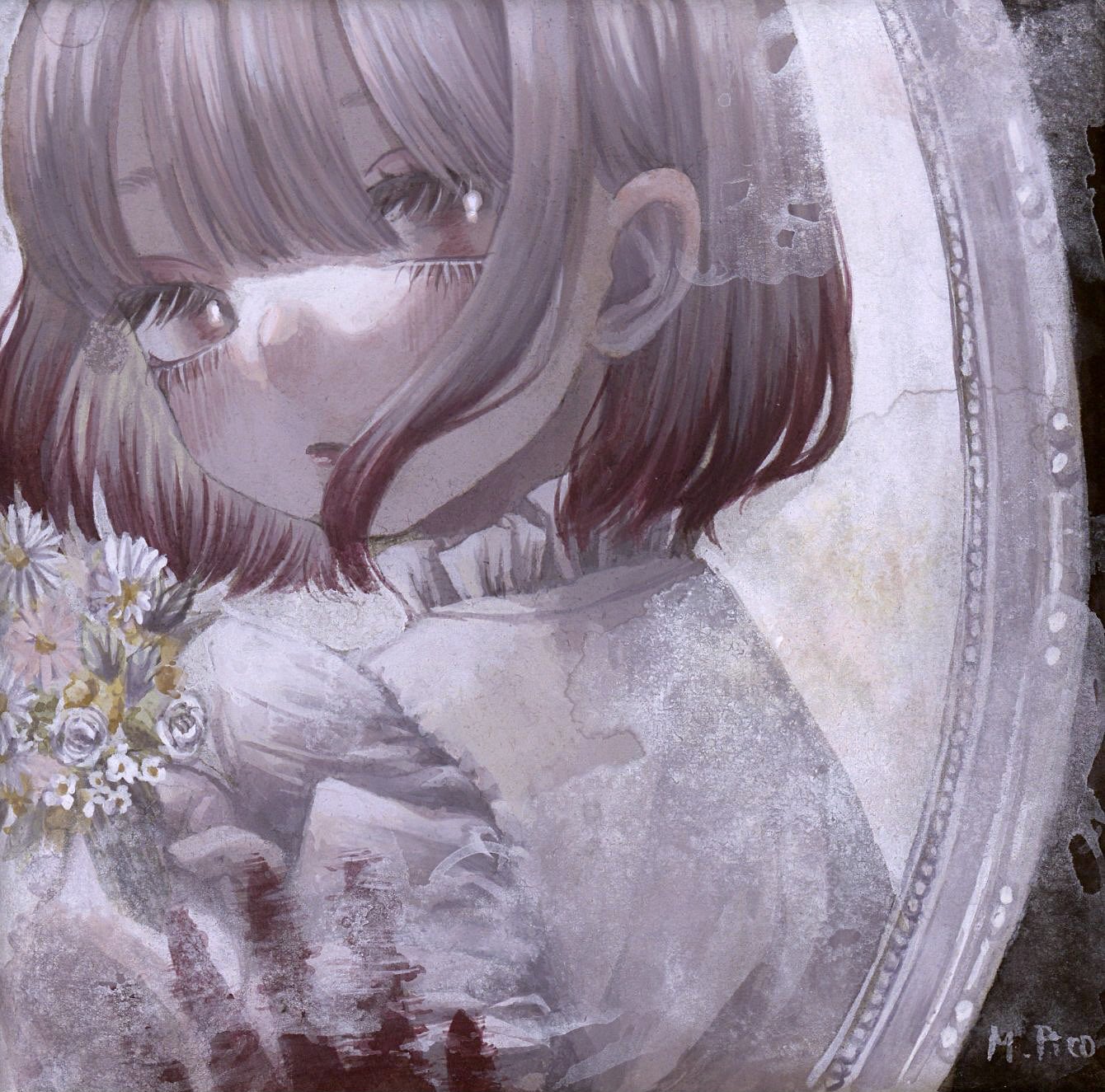 monou pico, original, commentary request, highres, 1girl, blood, bloody handprints, bouquet, double-parted bangs, eyelashes, flower, frills, gradient hair, grey hair, handprint, holding, holding bouquet, looking at viewer, mirror, multicolored hair, red eyes, reflection, short hair, solo, upper body
