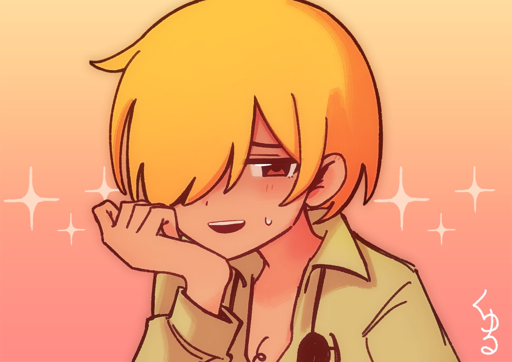 yu kuli, mikhael (omori), omori, commentary request, highres, translation request, 1boy, :d, blonde hair, blush, brown eyes, collared shirt, cowlick, dark-skinned male, dark skin, earbuds, earphones, eyebrows hidden by hair, gradient background, green shirt, hair over one eye, half-closed eye, hand on own cheek, hand on own face, hand up, jitome, long sleeves, looking at viewer, male focus, one eye covered, open mouth, orange background, portrait, puffy long sleeves, puffy sleeves, raised inner eyebrows, red background, shirt, short hair, simple background, smile, solo, sparkle background, sparse chest hair, sweatdrop, teeth, upper teeth only