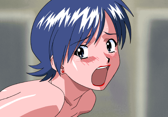 miki (viper), viper (series), viper ctr, animated, animated gif, anal, blue hair, blush, clenched teeth, closed eyes, doggystyle, double penetration, earrings, implied rape, implied sex, jewelry, nude, open mouth, rape, screaming, sex, sex from behind, short hair, tears, teeth