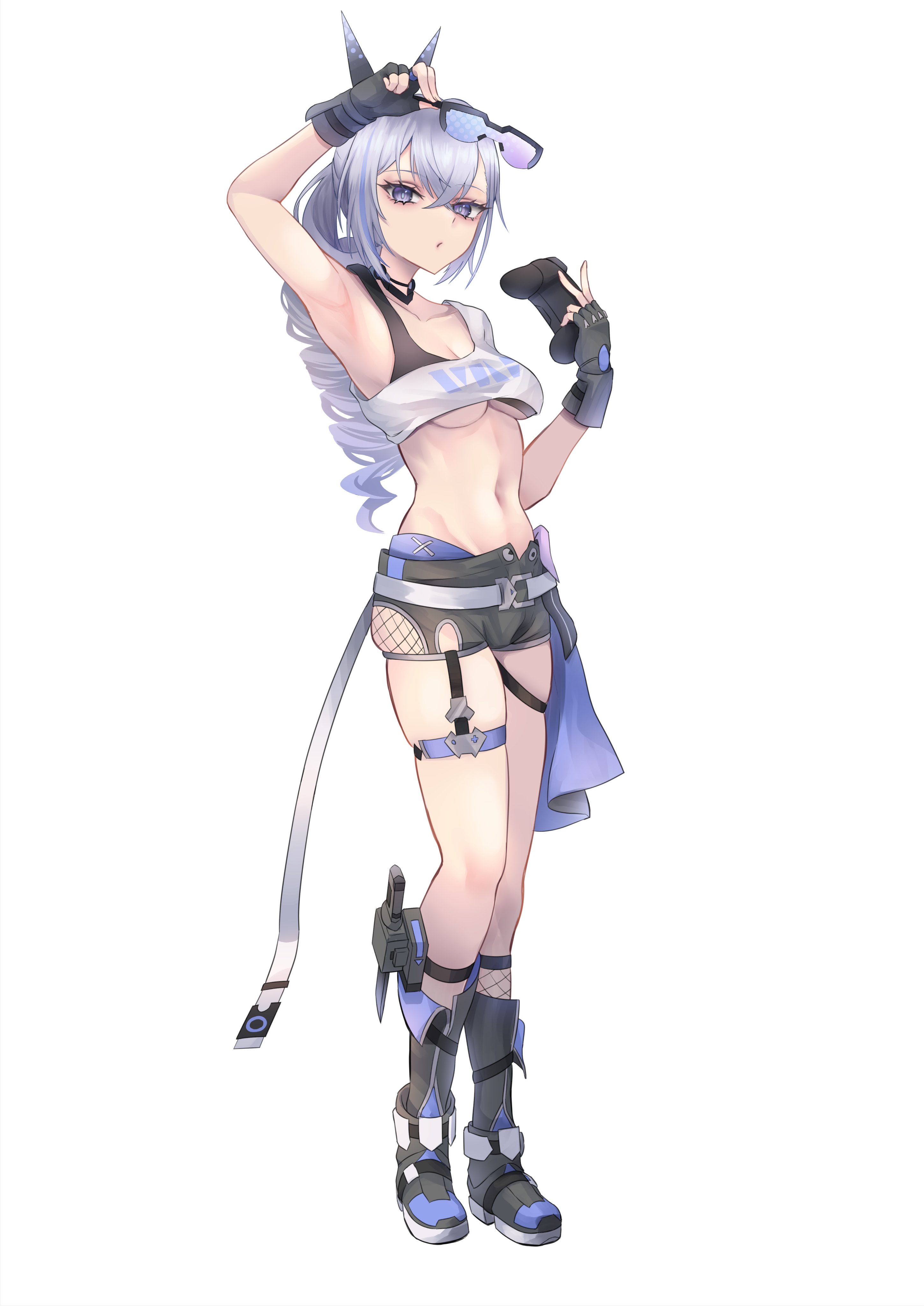 lasts, silver wolf (honkai: star rail), honkai: star rail, honkai (series), absurdres, commentary request, highres, 1girl, armpits, black boots, black gloves, black shorts, boots, breasts, controller, crop top, fingerless gloves, full body, game controller, gloves, grey hair, holding, holding controller, holding game controller, holding removed eyewear, long hair, looking at viewer, medium breasts, navel, purple eyes, short shorts, shorts, simple background, solo, standing, stomach, tachi-e, thigh strap, underboob, unworn eyewear, white background
