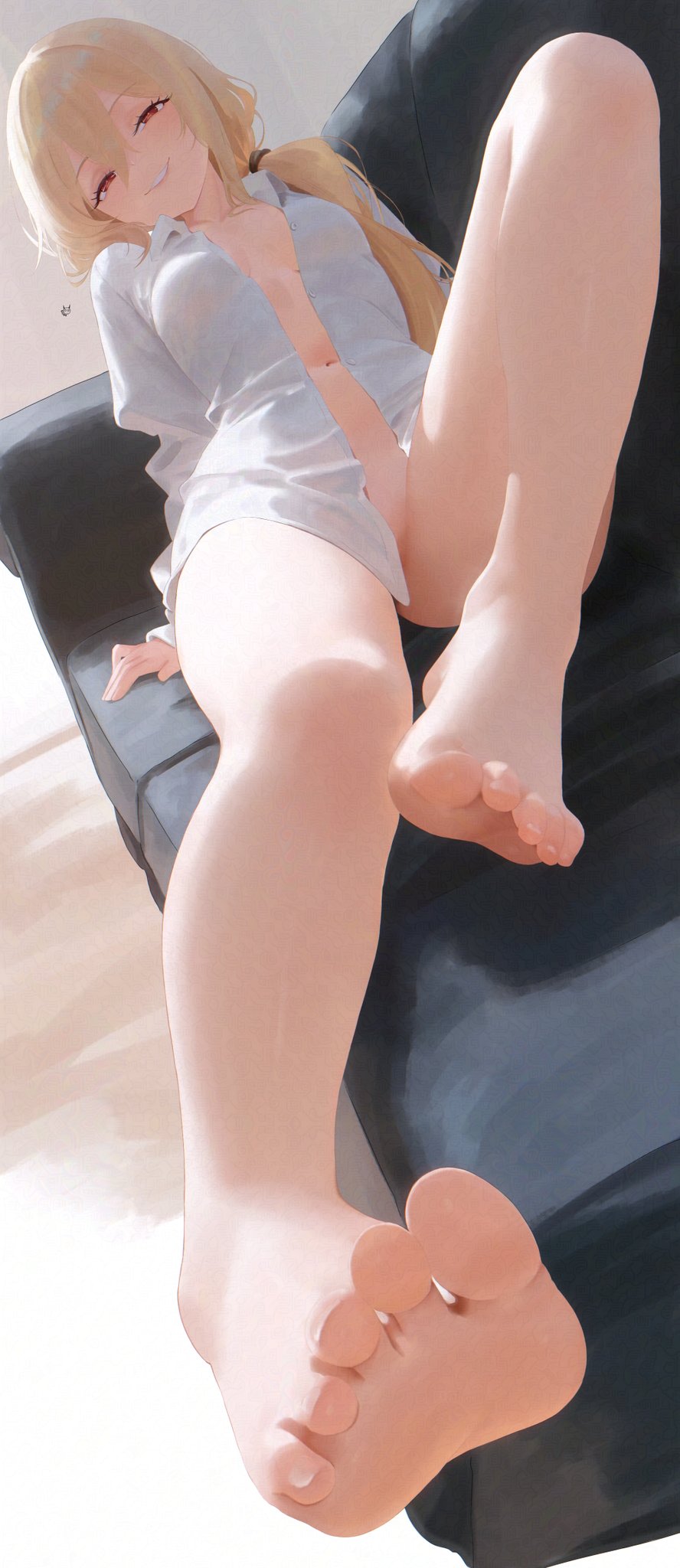 rcade, original, commentary request, highres, 1girl, bare legs, barefoot, blonde hair, breasts, collared shirt, couch, dorsiflexion, feet, foot focus, foreshortening, grin, hair between eyes, long hair, naked shirt, navel, on couch, reclining, red eyes, shirt, side ponytail, signature, sitting, small breasts, smile, soles, solo, toenails, toes, unbuttoned, unbuttoned shirt, very long hair, white shirt