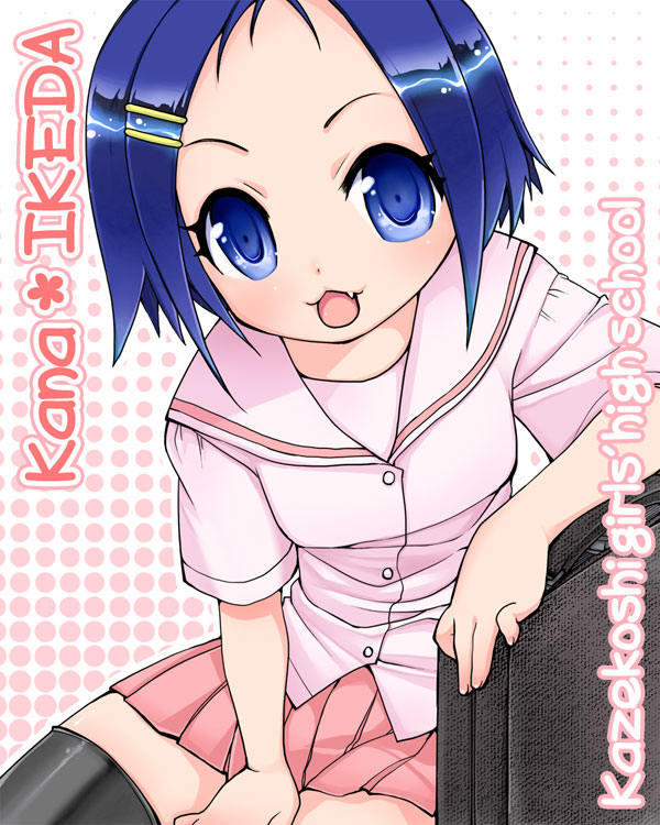 chiru, ikeda kana, saki (manga), :3, bag, blue eyes, blue hair, fang, hair ornament, hairclip, satchel, school uniform, short hair, skirt, solo, thighhighs, zettai ryouiki