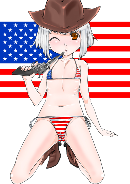 meshiya, nazuna (hidamari sketch), hidamari sketch, 1girl, american flag, american flag bikini, american flag print, bikini, boots, brown eyes, cowboy hat, cowboy western, female focus, finger on trigger, flag print, flag print bikini, flat chest, full body, gun, handgun, hat, kneeling, navel, one eye closed, print bikini, revolver, ribs, side-tie bikini bottom, sidelocks, solo, swimsuit, united states, weapon, wink