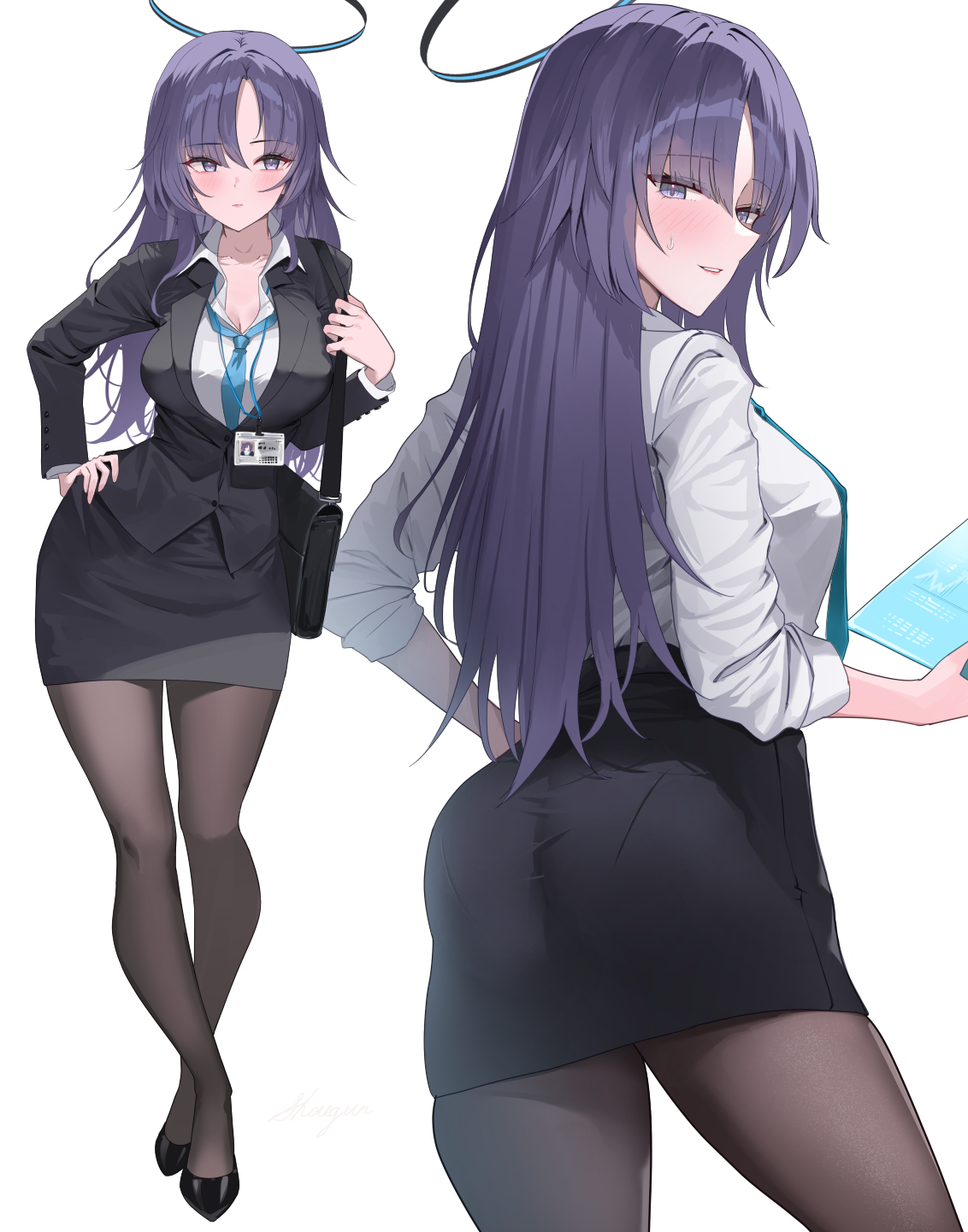 shougun (chuckni1), yuuka (blue archive), blue archive, commentary request, highres, 1girl, alternate costume, ass, bag, black bag, black jacket, black pantyhose, black shoes, black skirt, blazer, blue halo, blue necktie, breasts, cleavage, collared shirt, cowboy shot, dress shirt, front and back, full body, halo, hand on own hip, holding, id card, jacket, lanyard, large breasts, light blush, long hair, long sleeves, looking at viewer, looking back, loose necktie, multiple girls, necktie, office lady, pantyhose, parted lips, pencil skirt, purple eyes, purple hair, shirt, shoes, shoulder bag, signature, simple background, skirt, smile, white background, white shirt