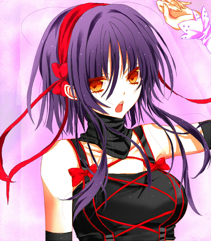 hachikou (hatty463), hijiribe ruri, durarara!!, bad id, bad pixiv id, 1girl, bow, breasts, brown eyes, detached sleeves, dress, female focus, gradient background, hair ribbon, purple hair, ribbon, solo