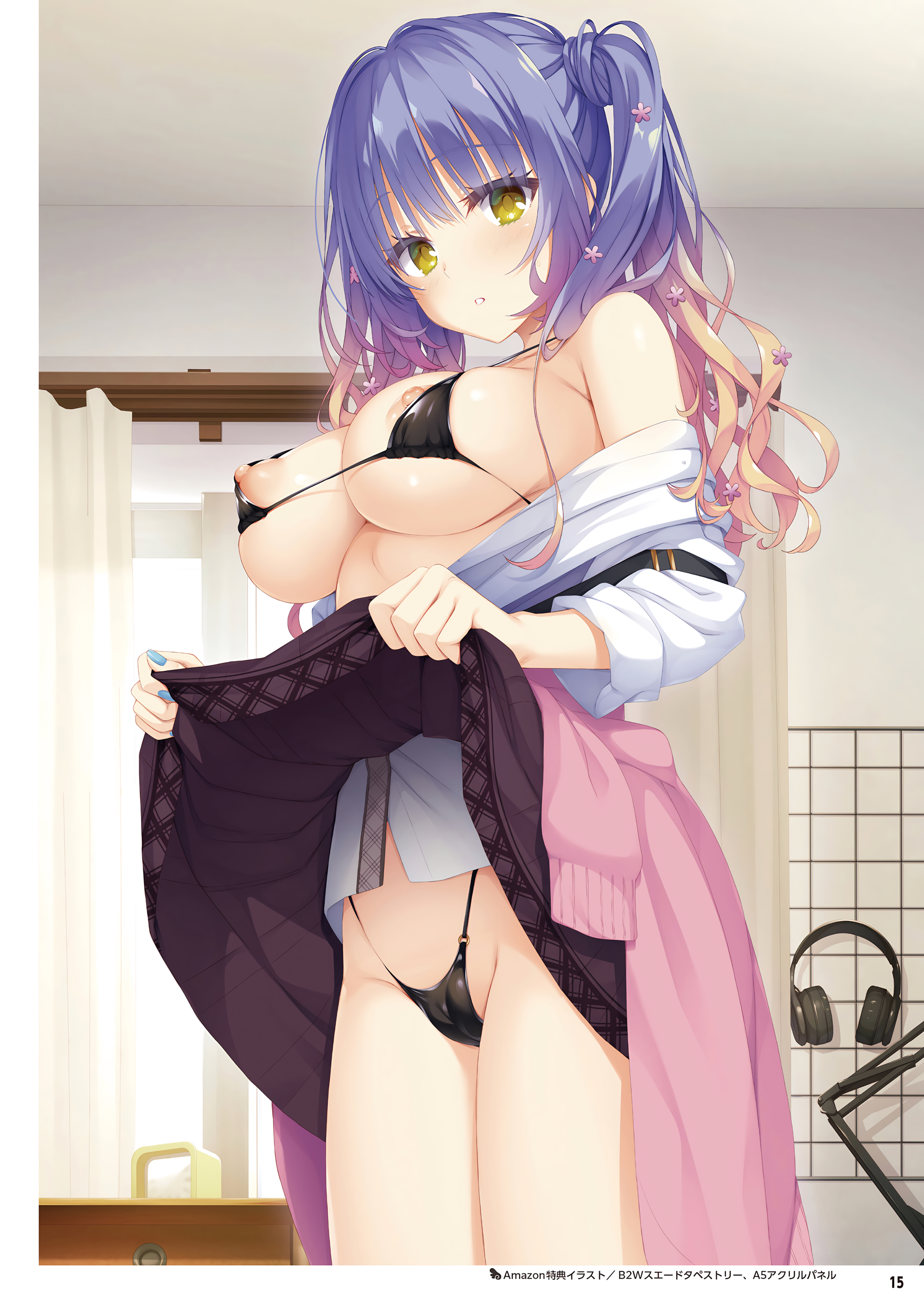 muririn, kohibari kurumi, tenshi souzou re-boot!, absurdres, highres, official art, third-party source, 1girl, armpit crease, bare shoulders, bikini, bikini under clothes, black bikini, blonde hair, blue hair, blue nails, blush, breasts, brown skirt, clothes around waist, clothes lift, clothes pull, cowboy shot, expressionless, eyelashes, eyes visible through hair, flower, gradient hair, groin, gyaru, hair between eyes, hair flower, hair ornament, hair over shoulder, headphones, highleg, highleg bikini, indoors, kogal, large breasts, lifting own clothes, long sleeves, looking at viewer, micro bikini, mizuka academy school uniform, multicolored hair, nail polish, nipple slip, nipples, o-ring, o-ring bikini, parted lips, pink flower, pink sweater, school uniform, shirt, shirt pull, sidelocks, skirt, skirt lift, sleeves rolled up, solo, standing, suspender skirt, suspenders, sweater, swimsuit, thighs, twintails, twintails with hair base, underboob, underwear, wavy hair, white shirt, yellow eyes