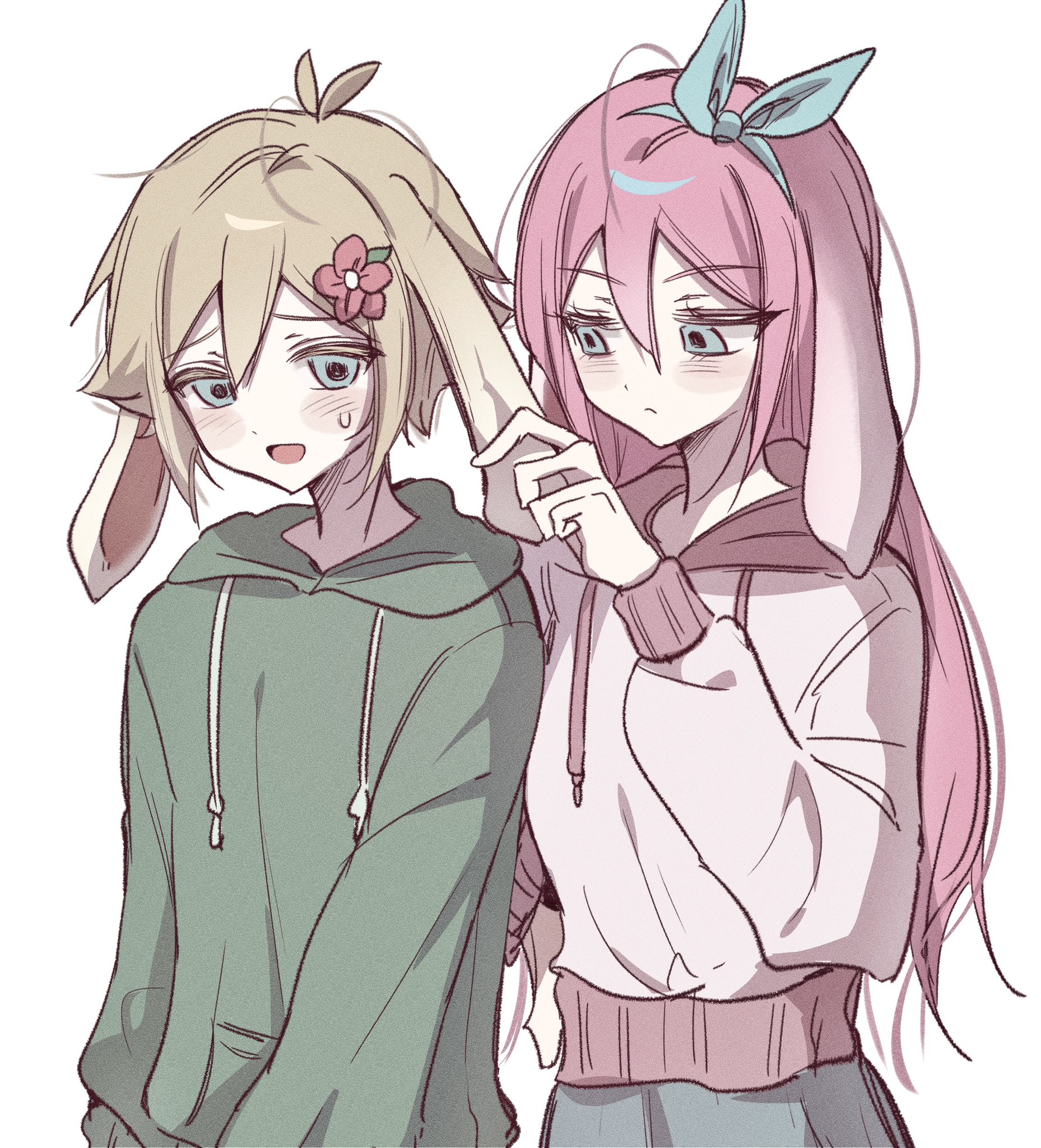 wktdms1, aubrey (faraway) (omori), aubrey (omori), basil (faraway) (omori), basil (omori), omori, commentary request, highres, korean commentary, 1boy, 1girl, :d, alternate costume, animal ears, antenna hair, arms at sides, behind another, blonde hair, blue eyes, blue hairband, blue skirt, blush, bow hairband, breasts, closed mouth, colored eyelashes, double-parted bangs, drawstring, expressionless, film grain, flipped hair, flower, green hoodie, hair between eyes, hair flower, hair ornament, hairband, hand up, hood, hoodie, kemonomimi mode, leaf, long hair, long sleeves, looking at another, looking at viewer, lop rabbit ears, open mouth, pale skin, pink hair, pink hood, pocket, puffy long sleeves, puffy sleeves, rabbit boy, rabbit ears, rabbit girl, raised inner eyebrows, red flower, shirt, short hair, sidelocks, simple background, skirt, small breasts, smile, standing, straight hair, sweatdrop, tongue, tsurime, upper body, very long hair, white background, white hoodie