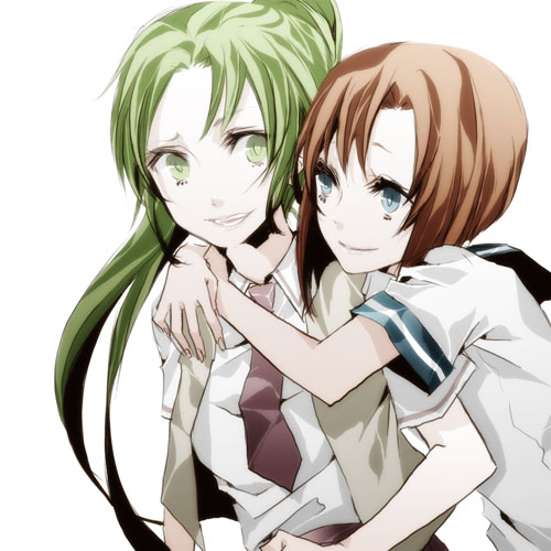 rasshel, ryuuguu rena, sonozaki mion, higurashi no naku koro ni, bad id, bad pixiv id, lowres, 2girls, arms around neck, blue eyes, brown hair, green eyes, green hair, long hair, multiple girls, necktie, ponytail, school uniform, serafuku, short hair, short sleeves, vest
