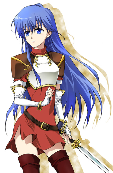 agahari, caeda (fire emblem), fire emblem, fire emblem: mystery of the emblem, nintendo, armor, armored dress, blue eyes, blue hair, boots, bracelet, dress, elbow gloves, fingerless gloves, gloves, jewelry, long hair, skirt, sword, thigh boots, thighhighs, weapon, zettai ryouiki