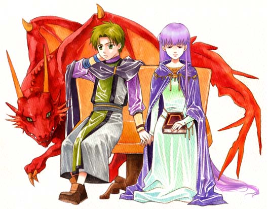 agahari, raigh (fire emblem), sophia (fire emblem), fire emblem, fire emblem: the binding blade, nintendo, 1boy, 1girl, belly chain, blue dress, book, boots, cape, chair, cloak, dragon, dress, green eyes, green hair, hetero, holding hands, jewelry, long hair, purple hair, robe, very long hair, white background