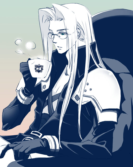 sephiroth, final fantasy, final fantasy vii, 1990s (style), 1boy, bespectacled, blue eyes, cup, glasses, gloves, hair intakes, long hair, male focus, retro artstyle, shinra electric power company, sitting, solo, teacup, white hair
